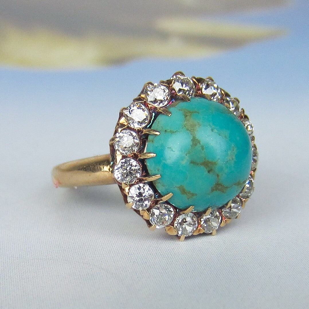 SOLD--Edwardian Turquoise and Diamond Cluster Ring 14k c. 1900