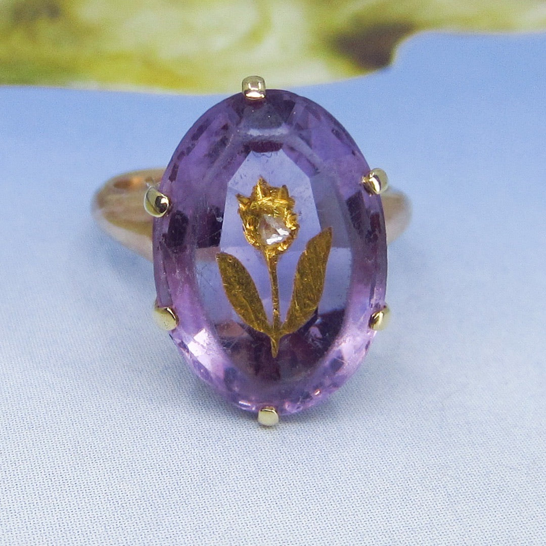 SOLD—Victorian Amethyst and Diamond Flower Ring 14k c. 1890