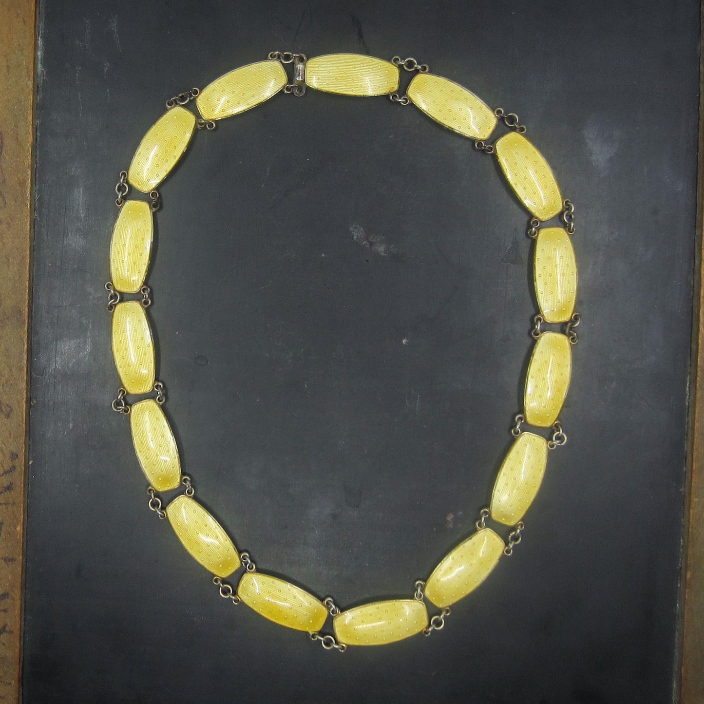 SOLD--Mid-Century Yellow Guilloche Enamel Necklace Sterling, Norway c. 1950