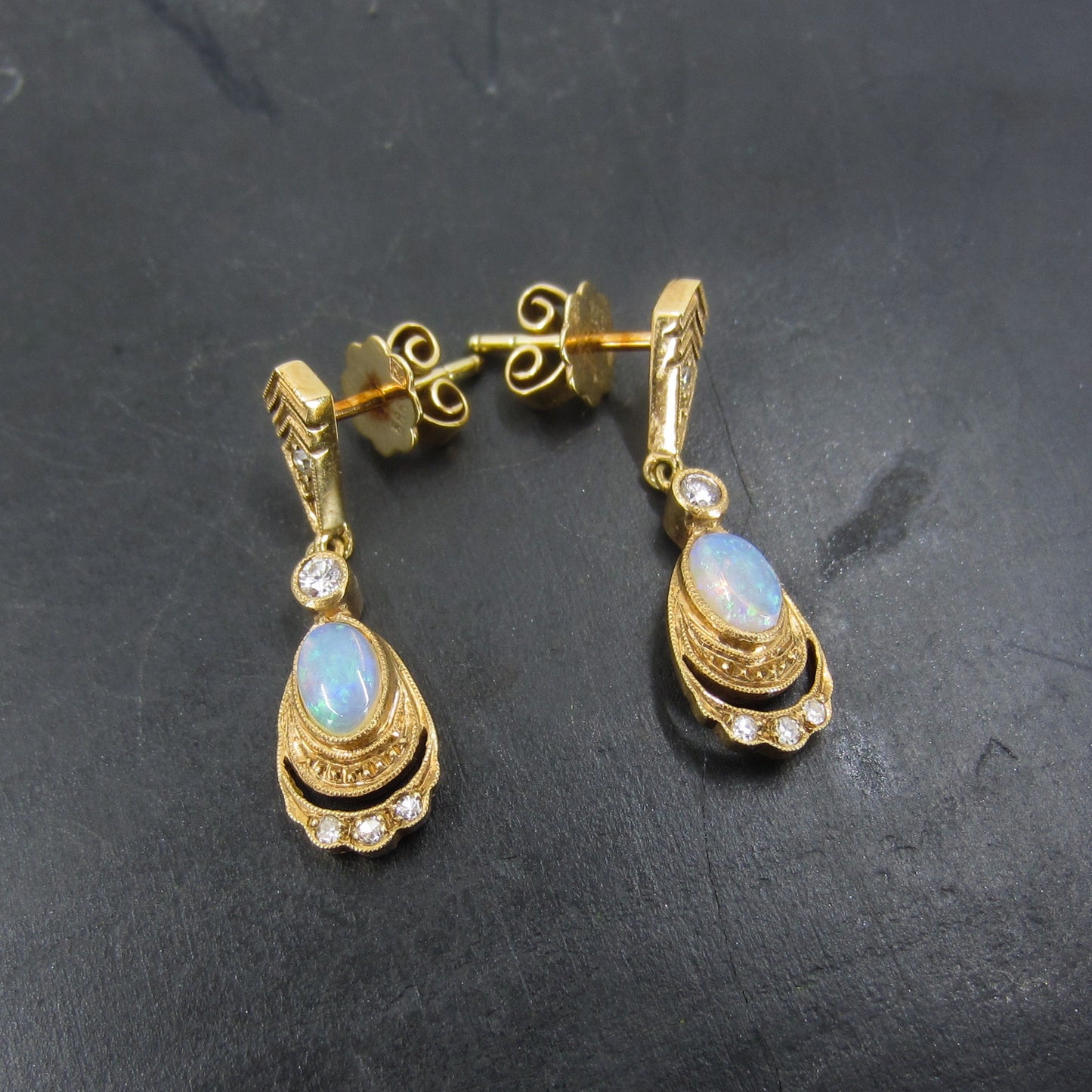 SOLD-Vintage Opal and Diamond Drop Earrings 14k