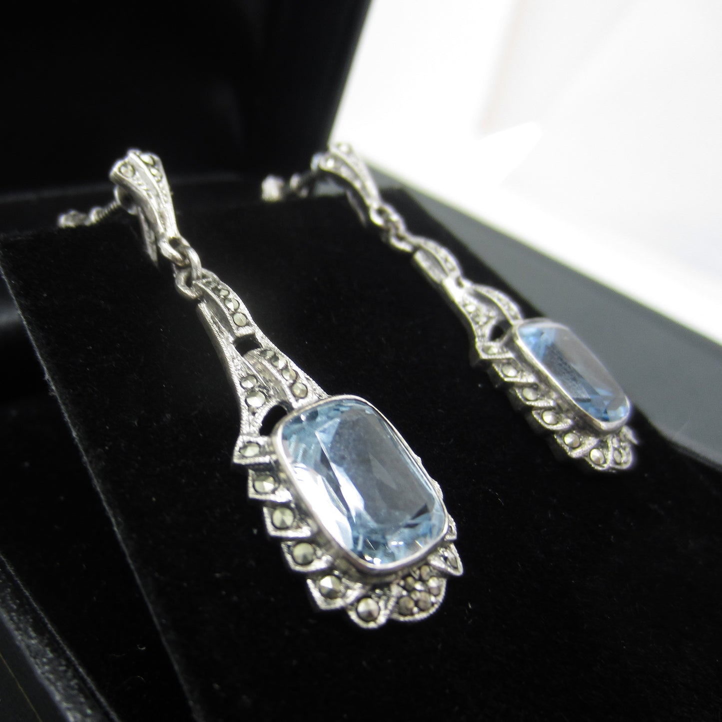 SOLD--Art Deco Marcasite and Synthetic Blue Spinel Drop Earrings Sterling c. 1930