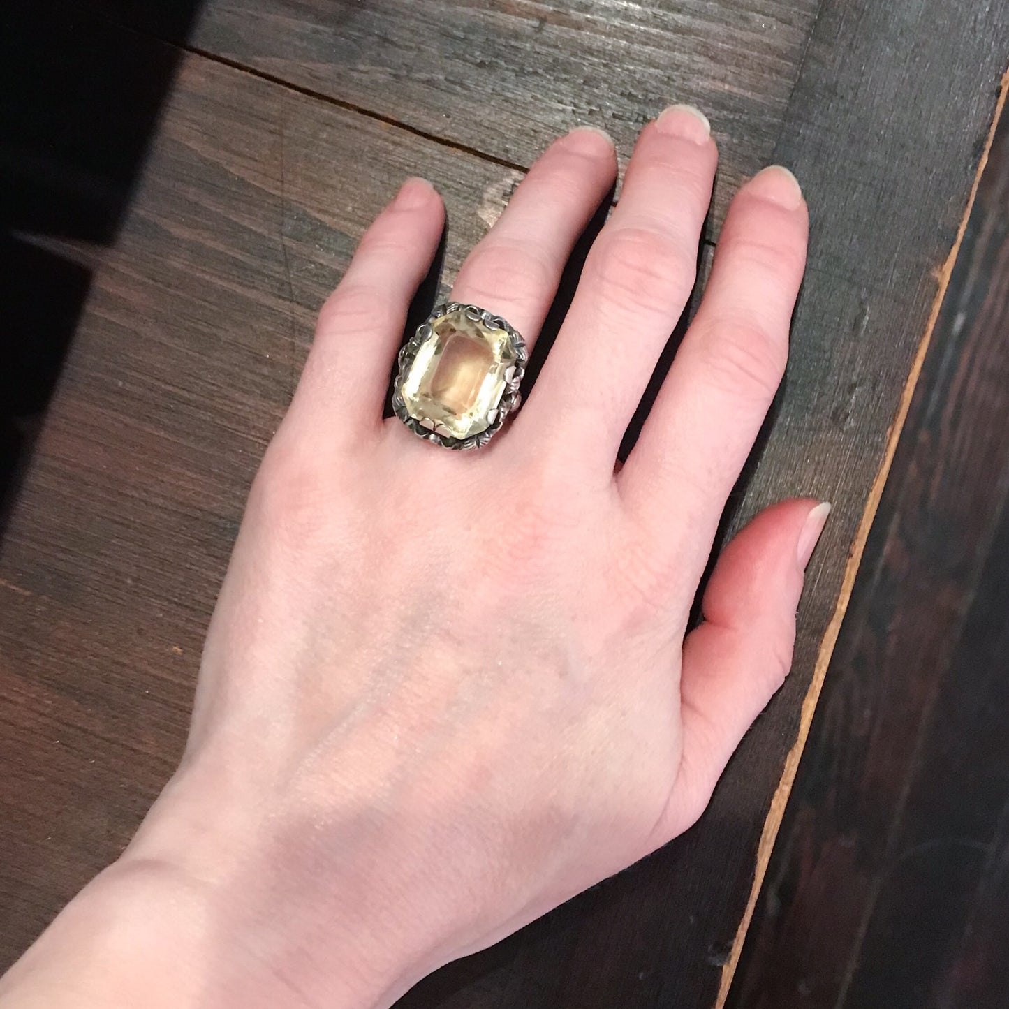 SOLD--Vintage Ornate Citrine Ring Sterling, Vienna c. 1940