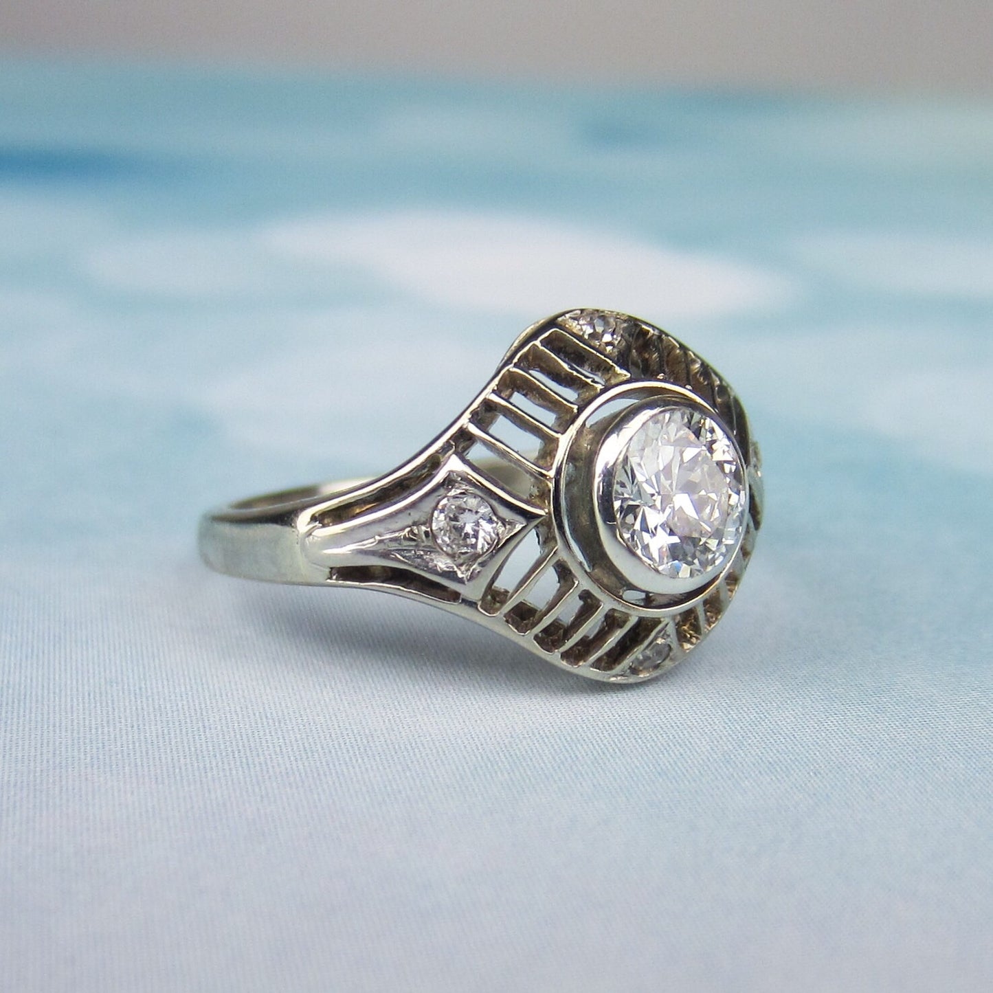 SOLD--Art Deco Diamond .60ct Filigree Engagement Ring 14k, Poland c. 1930