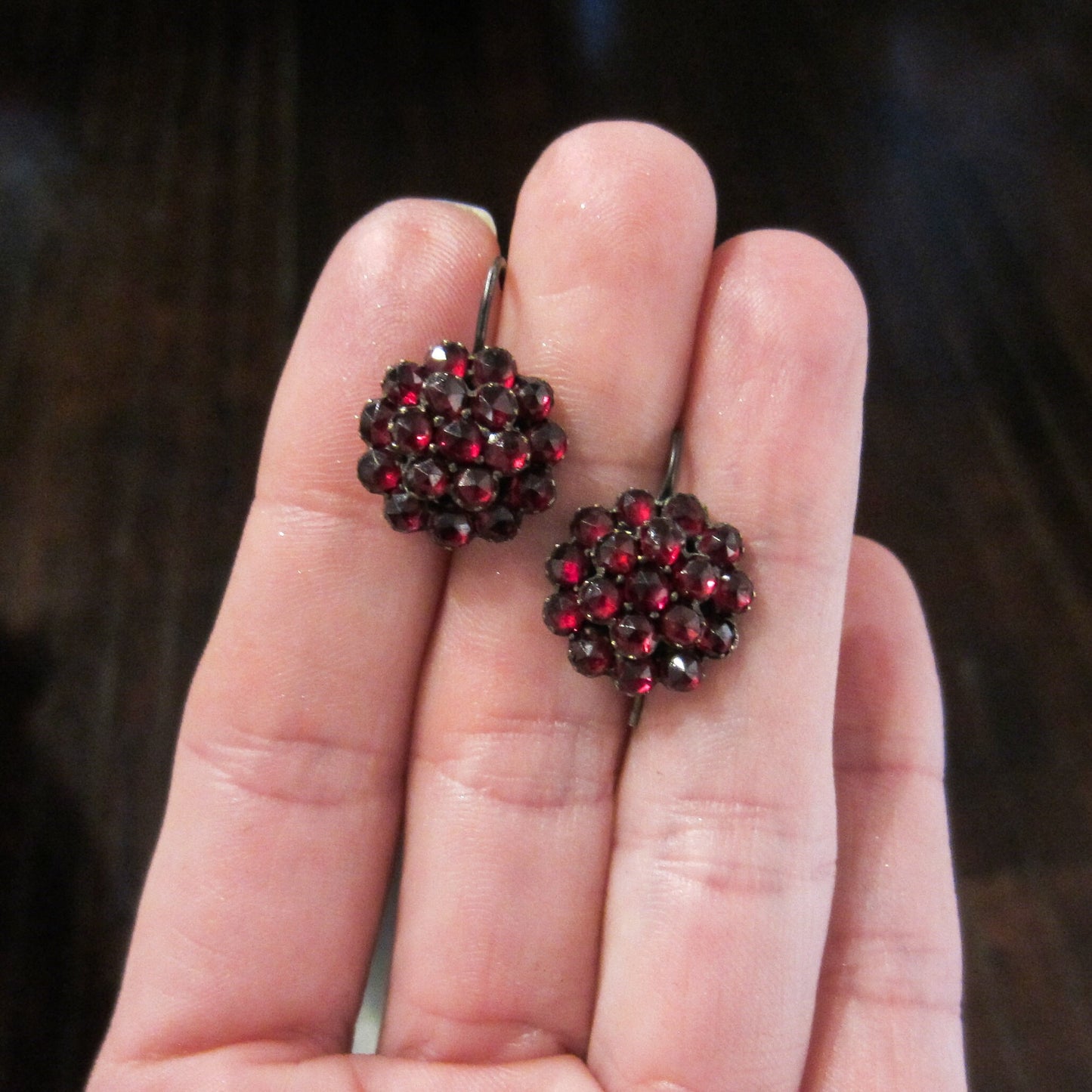 SOLD-Victorian Bohemian Garnet Cluster Earrings Silver c. 1890