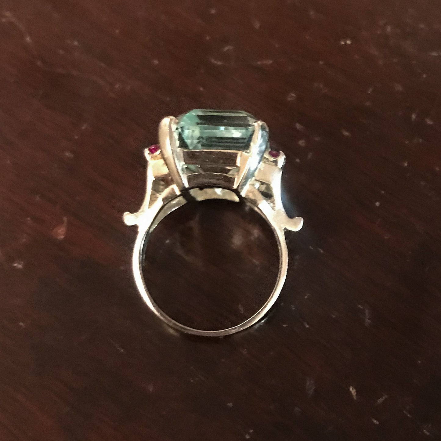 SOLD--Retro Aquamarine and Ruby Ring 14k c. 1940