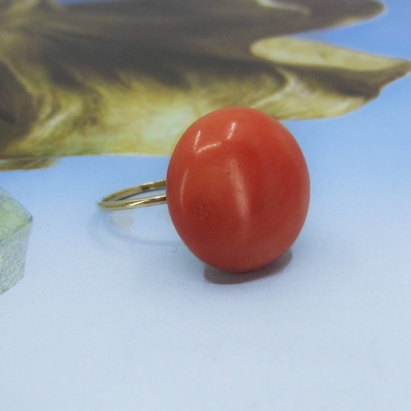 SOLD- Victorian Large Coral Cabochon Ring 14k c. 1890