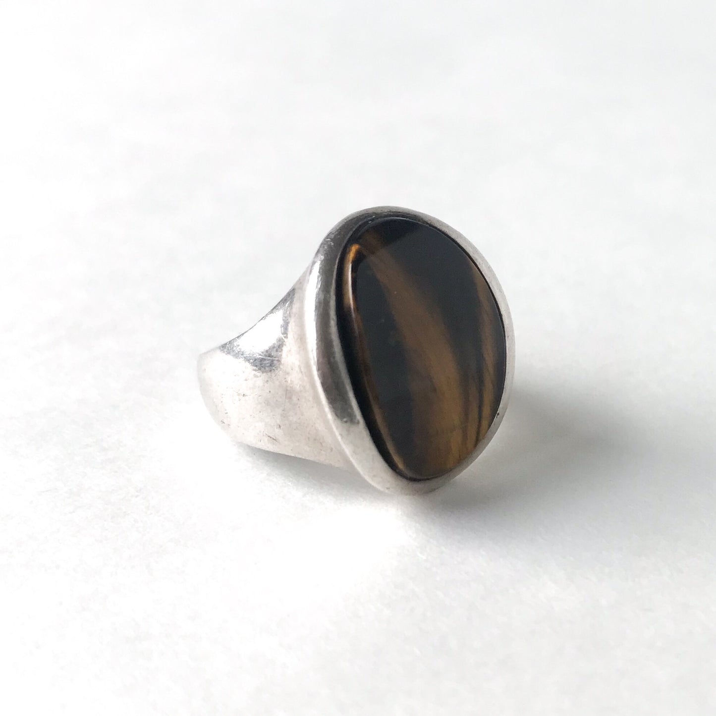 SOLD--Modernist Tigers Eye Signet Ring Sterling c. 1970