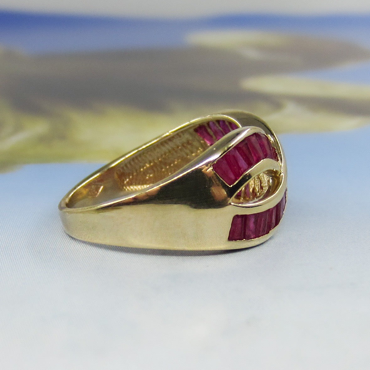 SOLD--Vintage 90’s Ruby Baguette Infinity Ring 14k c. 1995