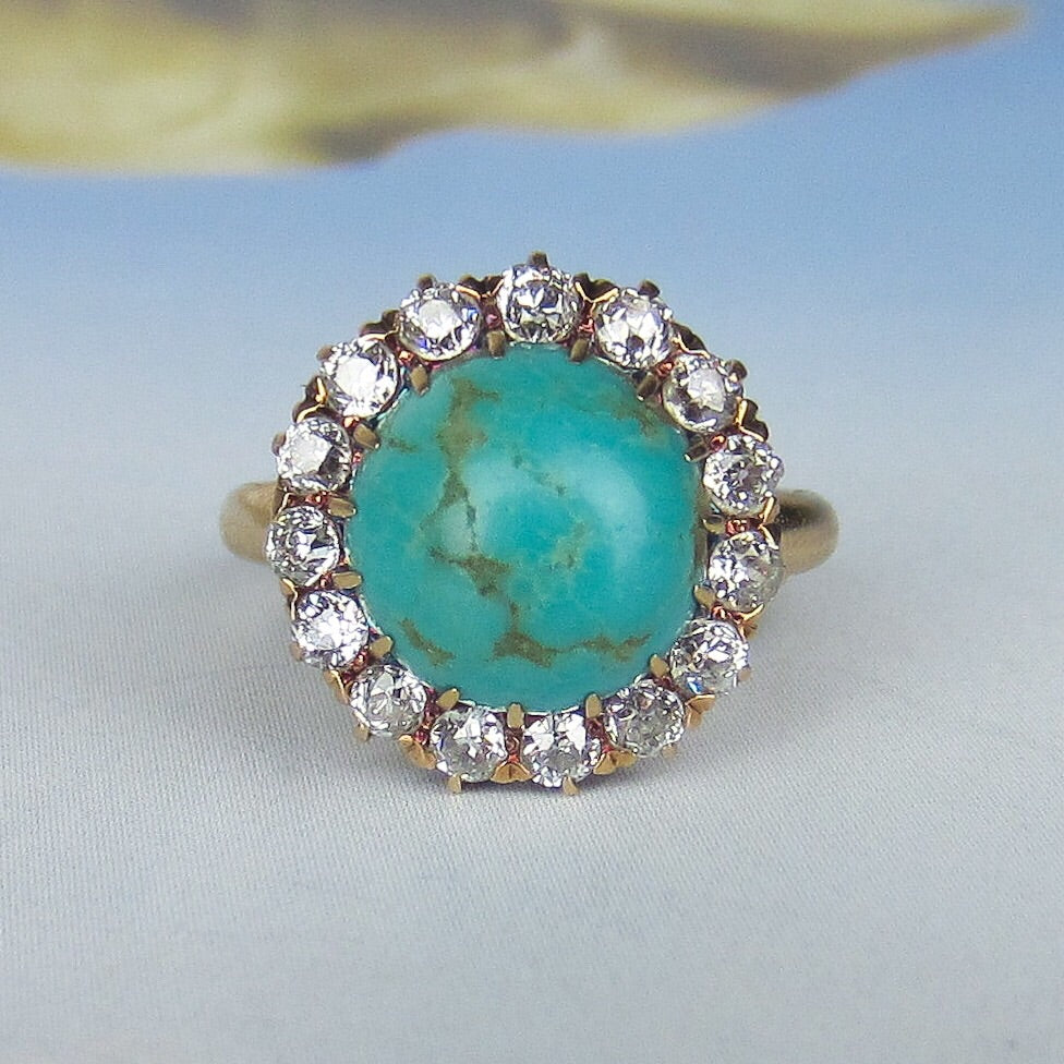 SOLD--Edwardian Turquoise and Diamond Cluster Ring 14k c. 1900