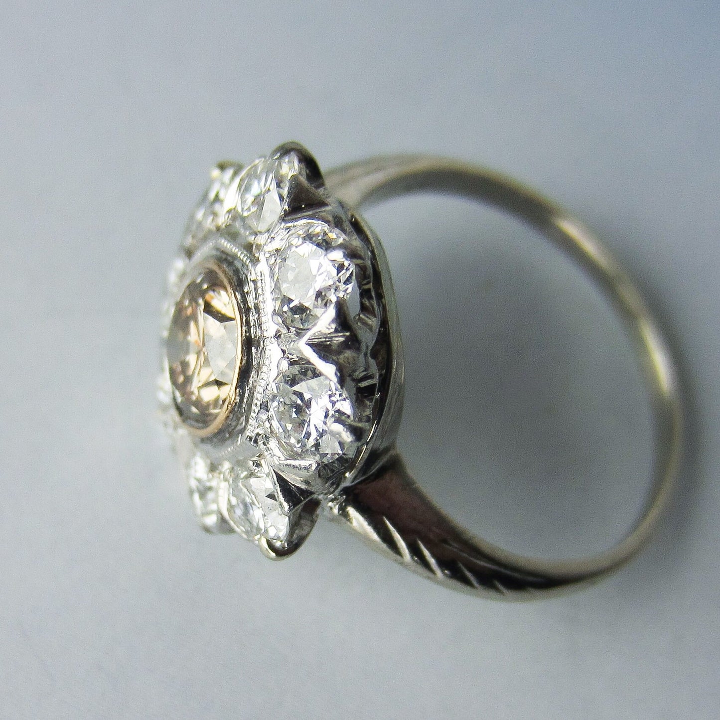 SOLD--Art Deco Old Cut Diamond 1.85ctw Cluster Ring 14k c. 1940