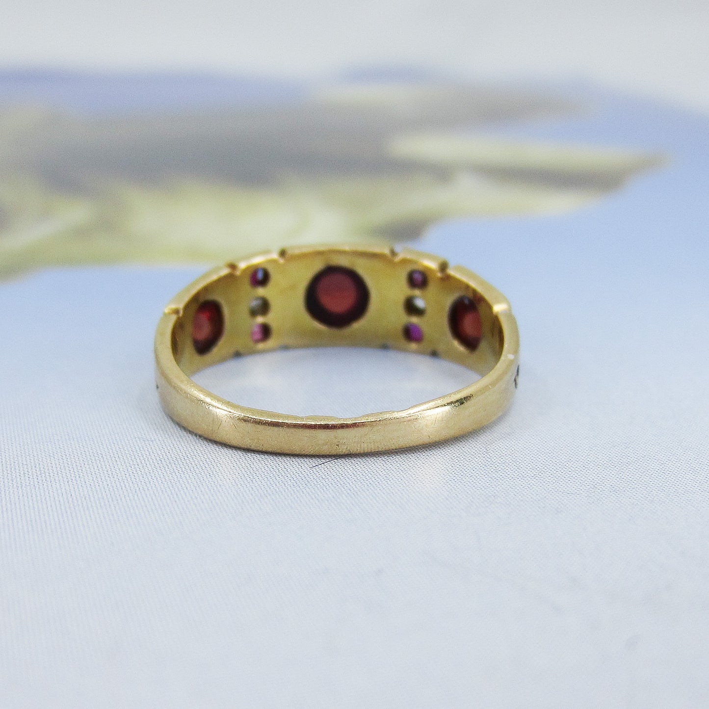 SOLD--Victorian Garnet, Ruby, Diamond and Enamel Band 18k, British c. 1870