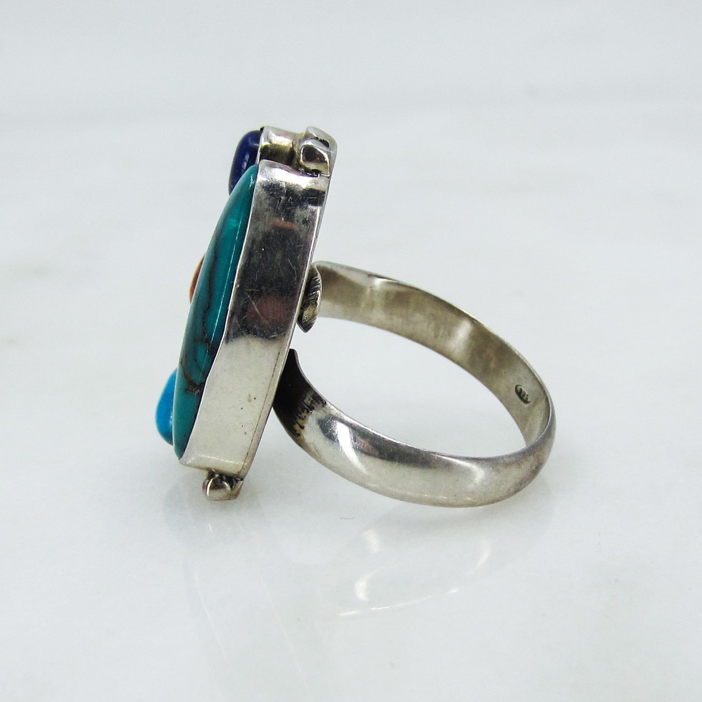 Vintage Big Turquoise, Spiny Oyster and Lapis Ring Sterling c. 1990