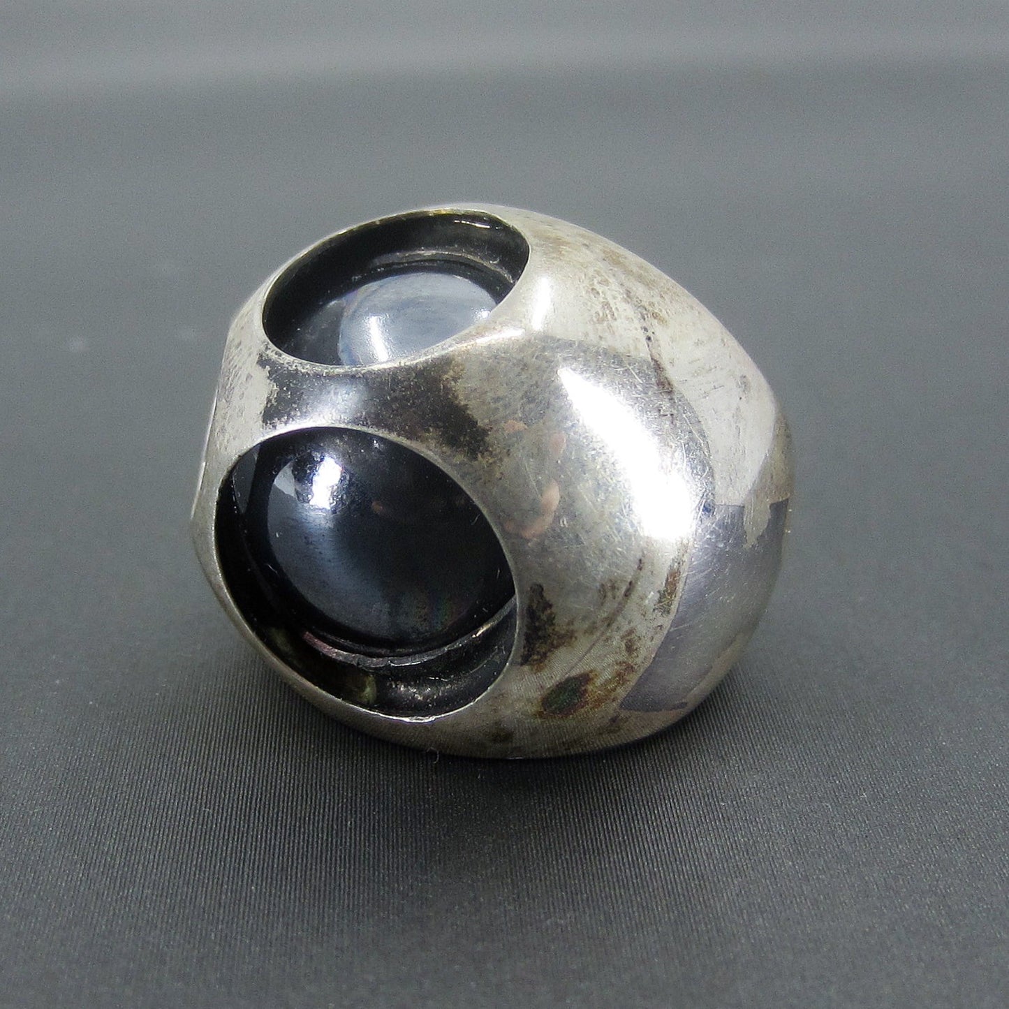 SOLD--Very Cool Post-Modern Hematite Dome Ring Sterling, Poland c. 1990