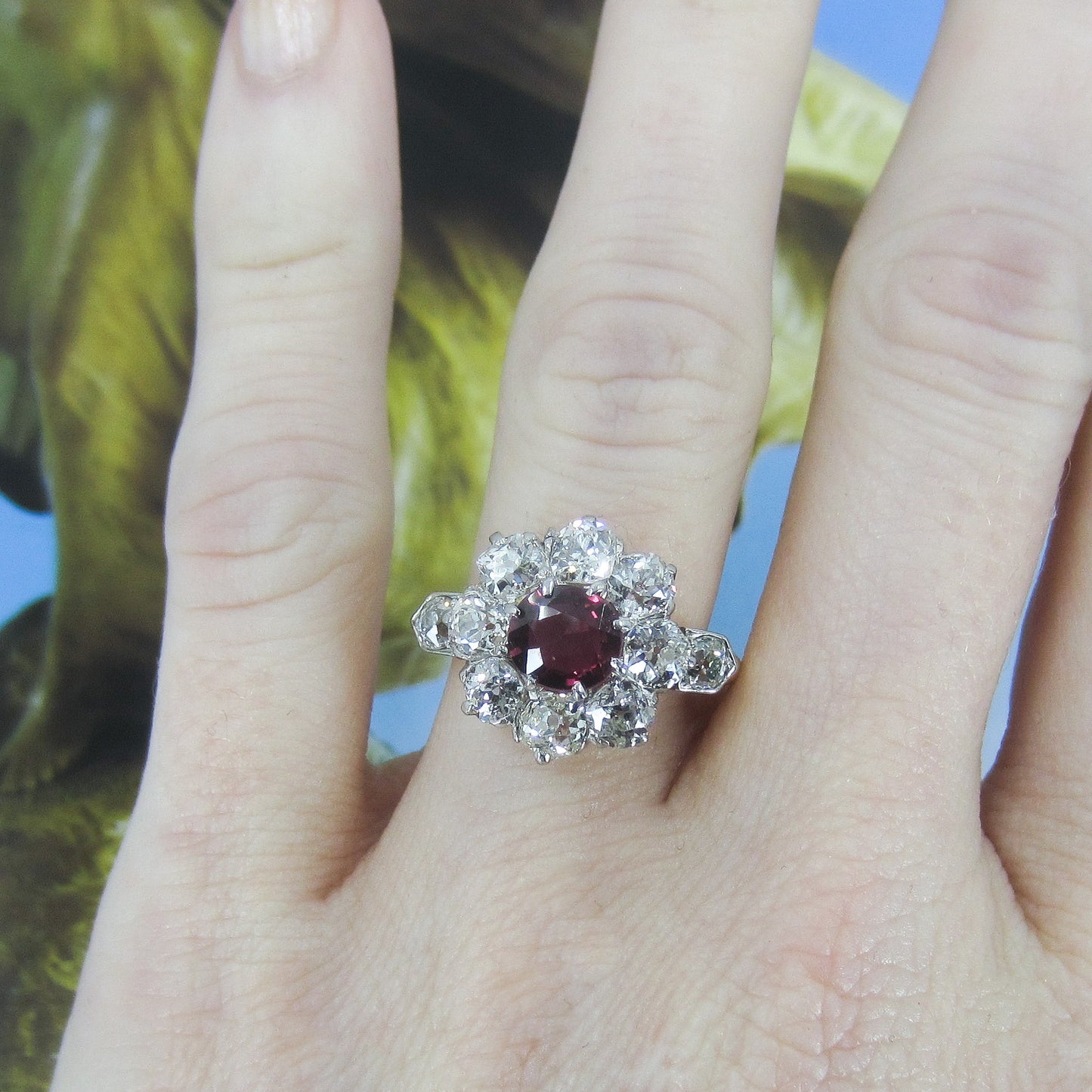 SOLD--Beautiful Edwardian Ruby and Old Mine Diamond Cluster Ring 14k/Plat c. 1900