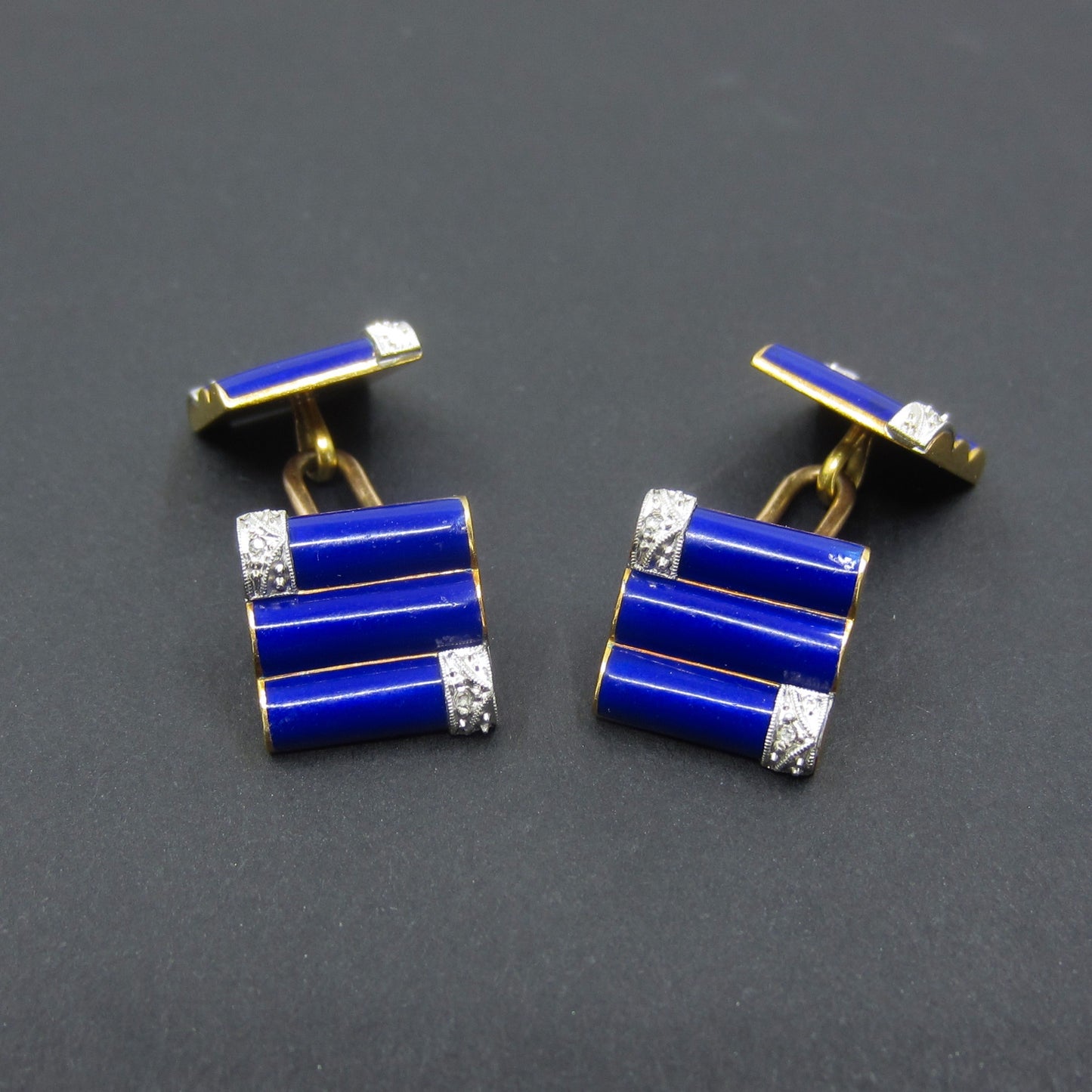 SOLD-Gorgeous Art Deco Lapis and Diamond Cufflinks 18k/Platinum c. 1930