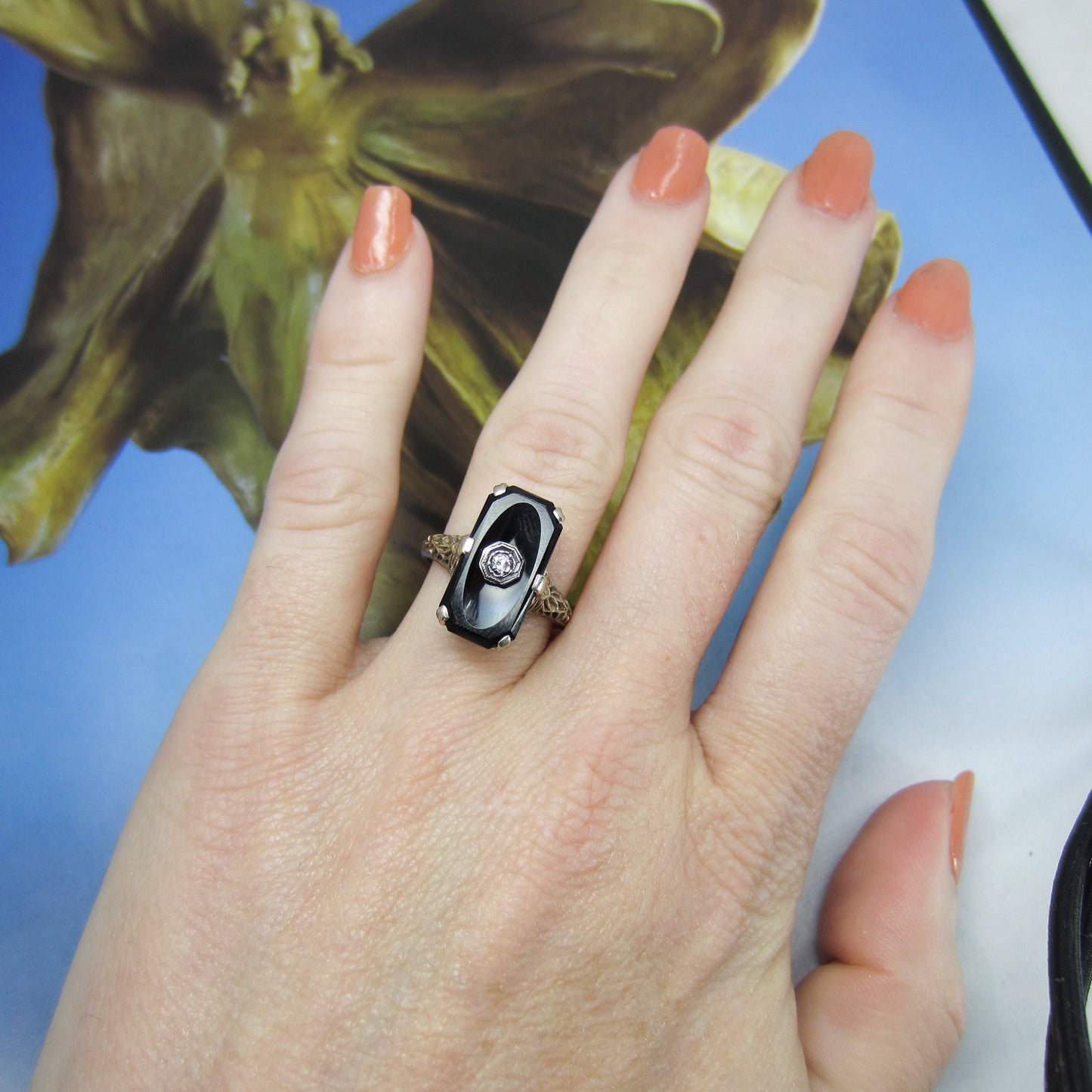 SOLD--Art Deco Onyx and Diamond Filigree Ring 14k c. 1930