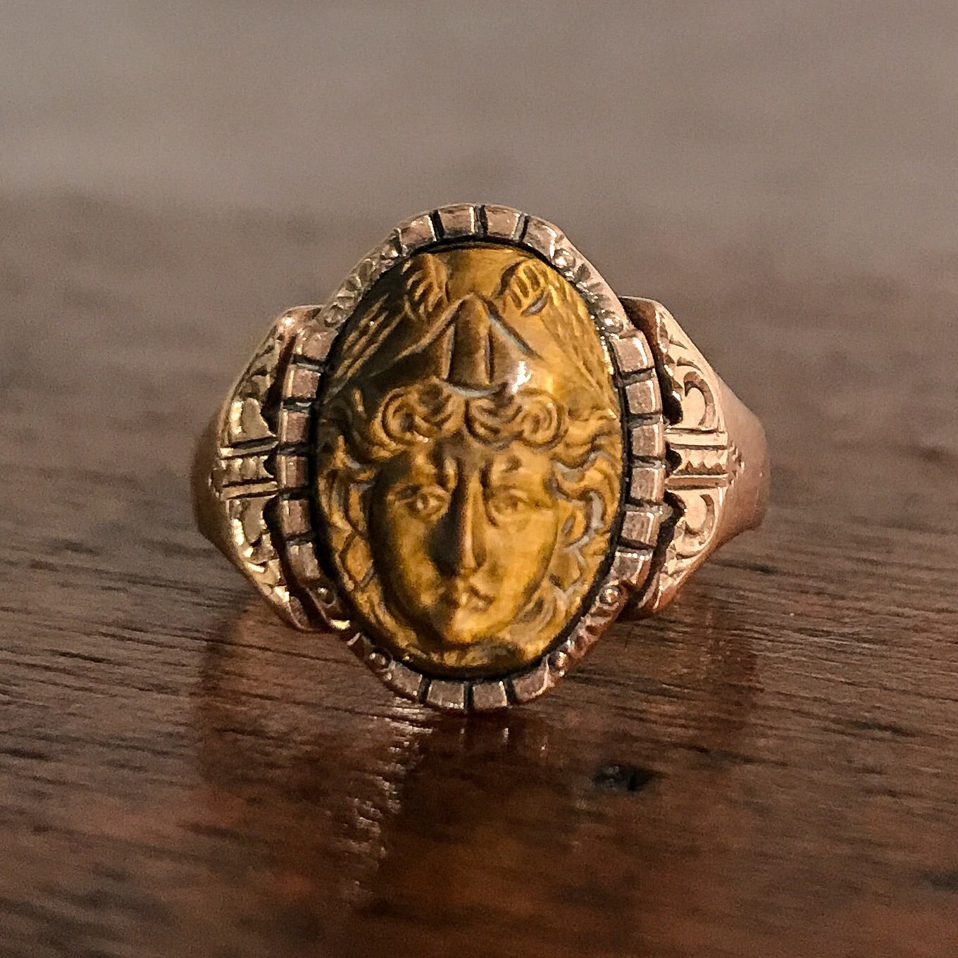 SOLD-Victorian Tiger's Eye Mercury Cameo Ring 10k c. 1880