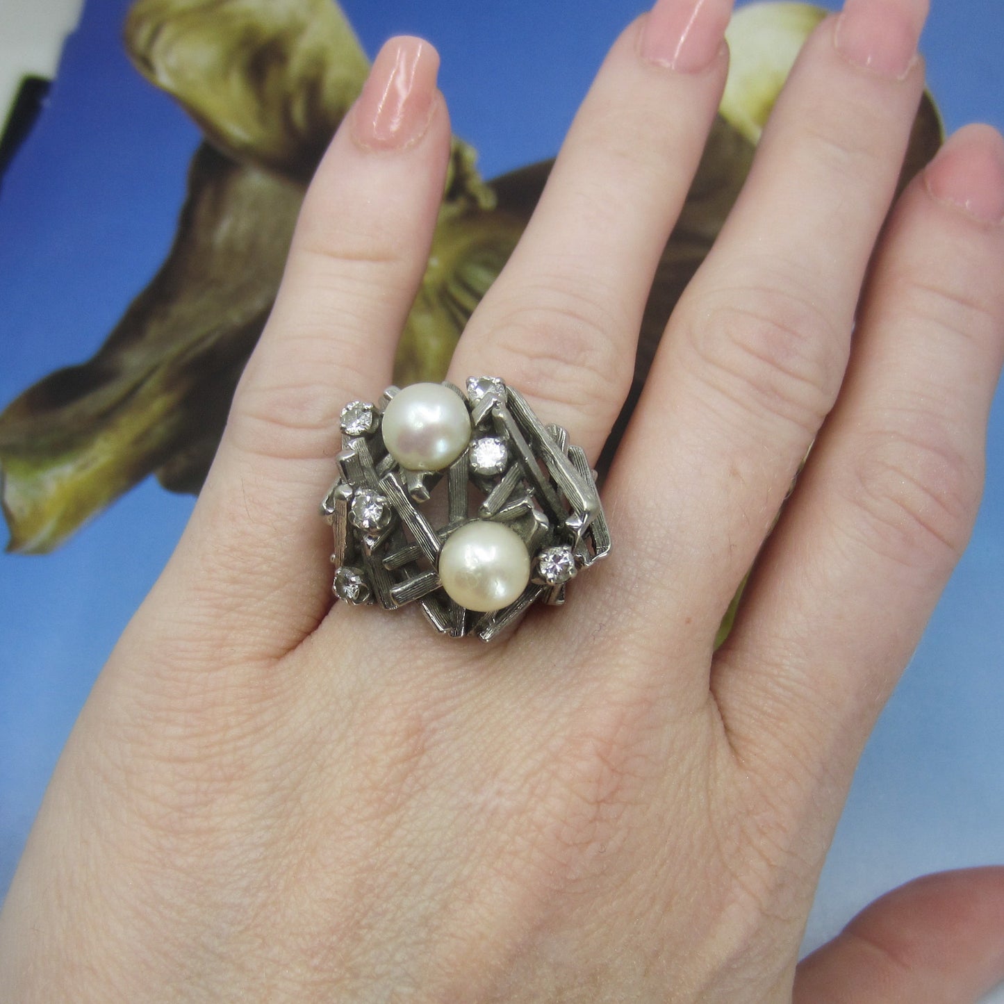 Brutalist Diamond And Pearl Ring 14k c. 1970