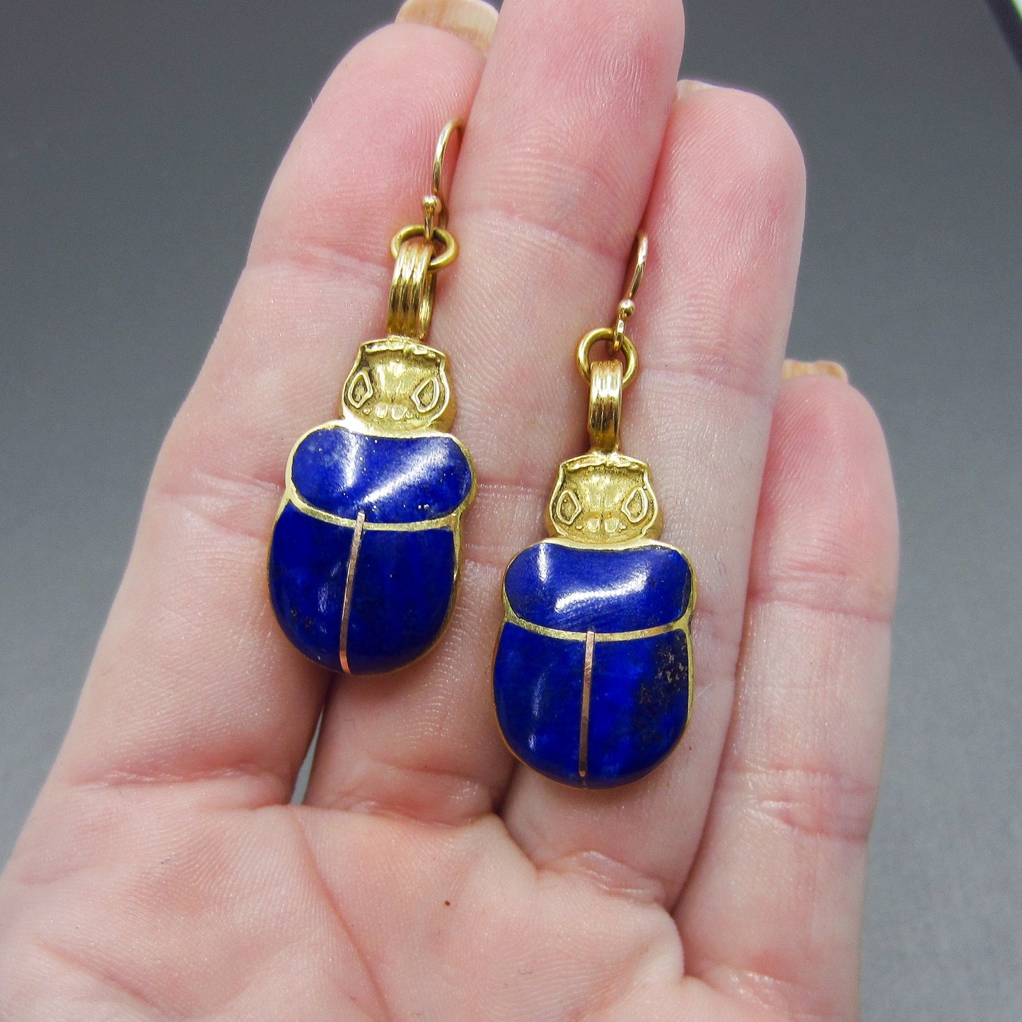 SOLD--Vintage Lapis Scarab Earrings 18k, Italy c. 1990