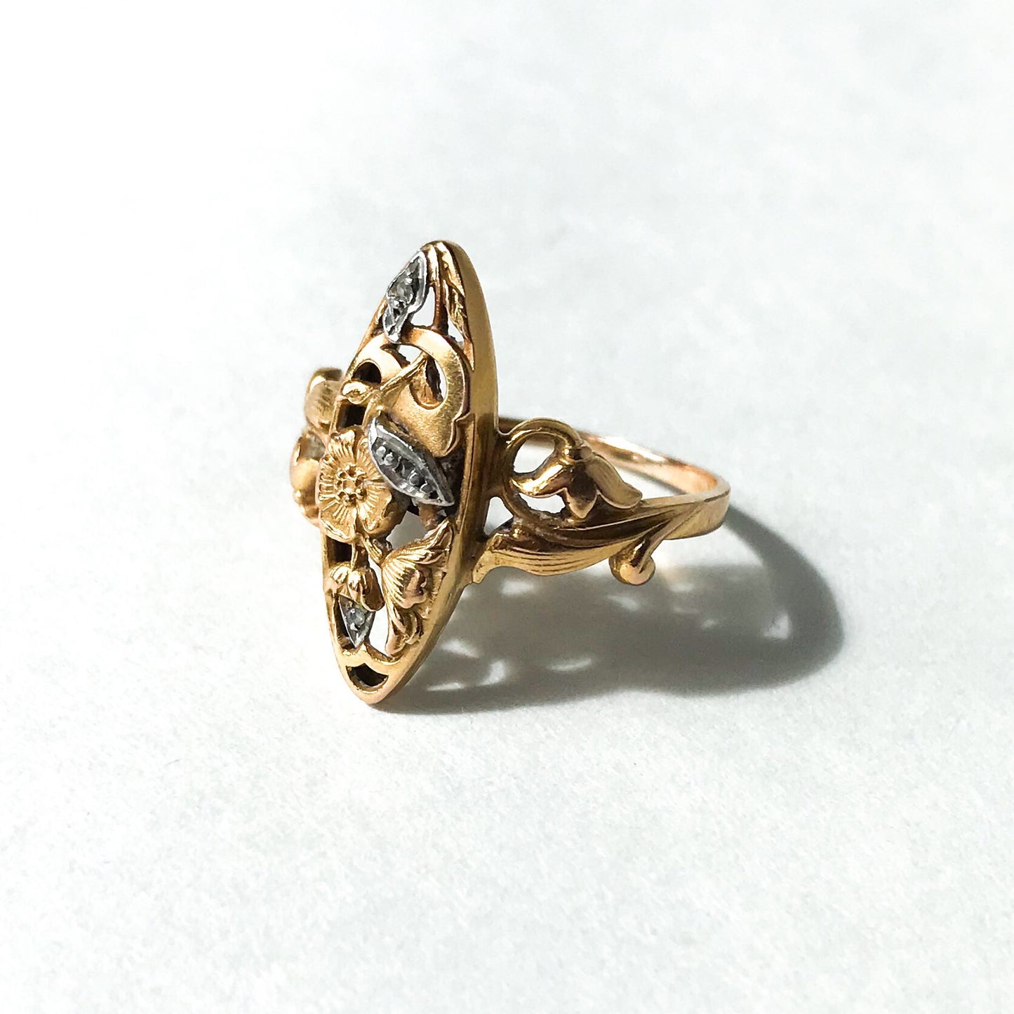 SOLD--Art Nouveau Rose Cut Diamond Navette Ring Silver/18k c. 1900