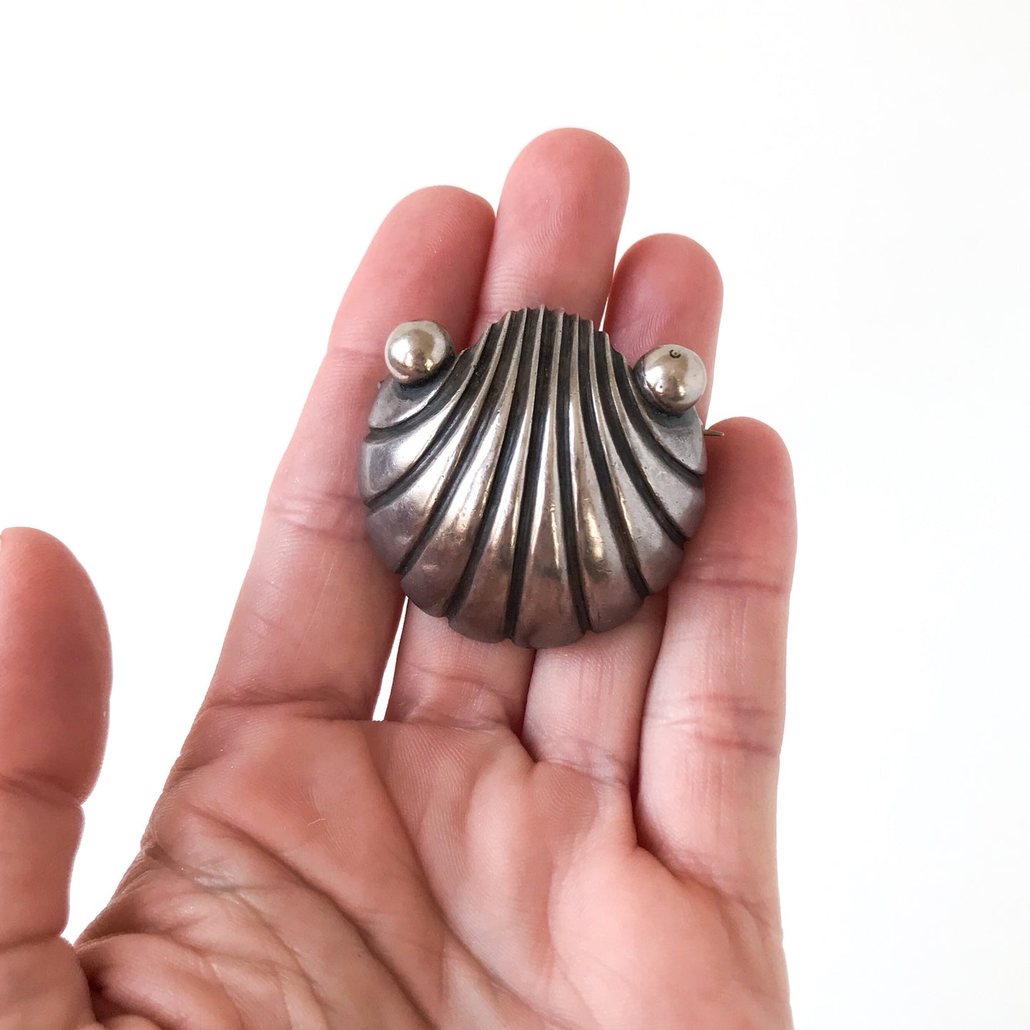 SOLD--Vintage Mid-Century Shell Brooch Sterling, Rafael Dominguez, Taxco c. 1950