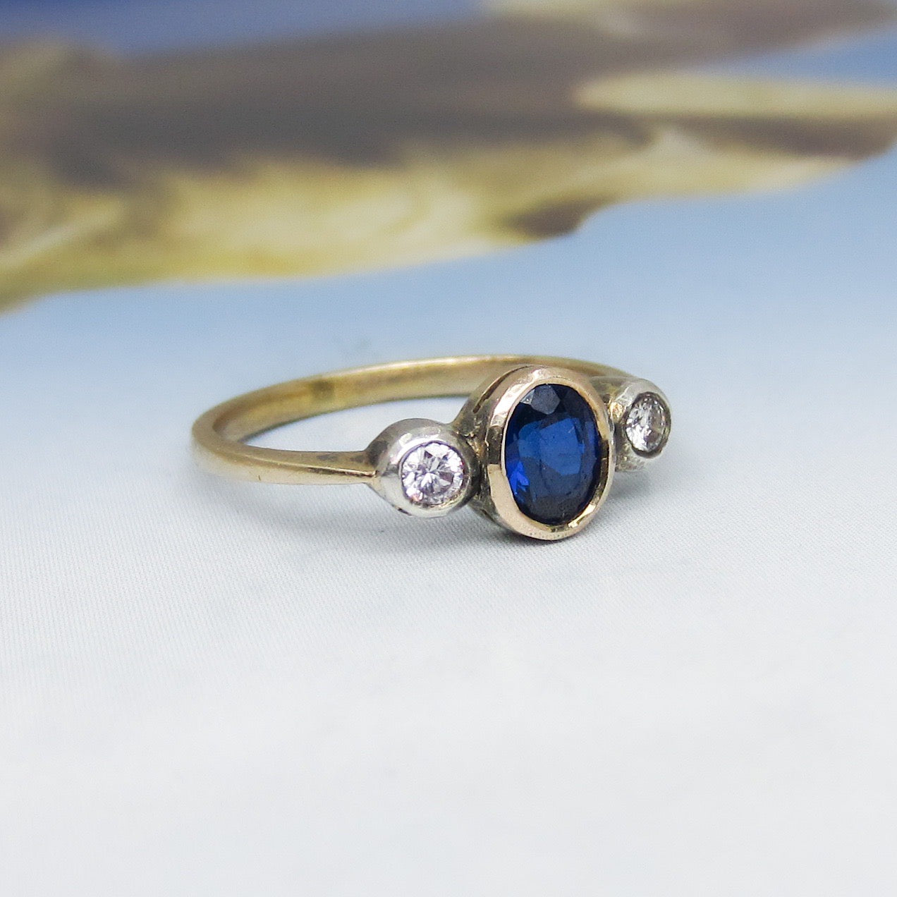 SOLD--Art Deco Bezel Set Sapphire and Diamond Ring 14k c. 1940