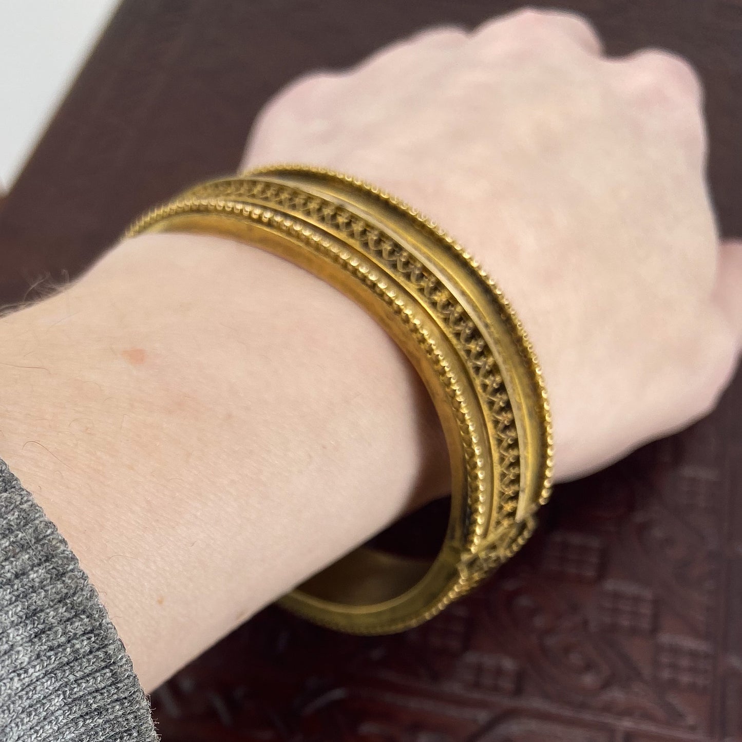 SOLD- Victorian  Etruscan Revival Hinged Bangle Gold-fill c. 1880