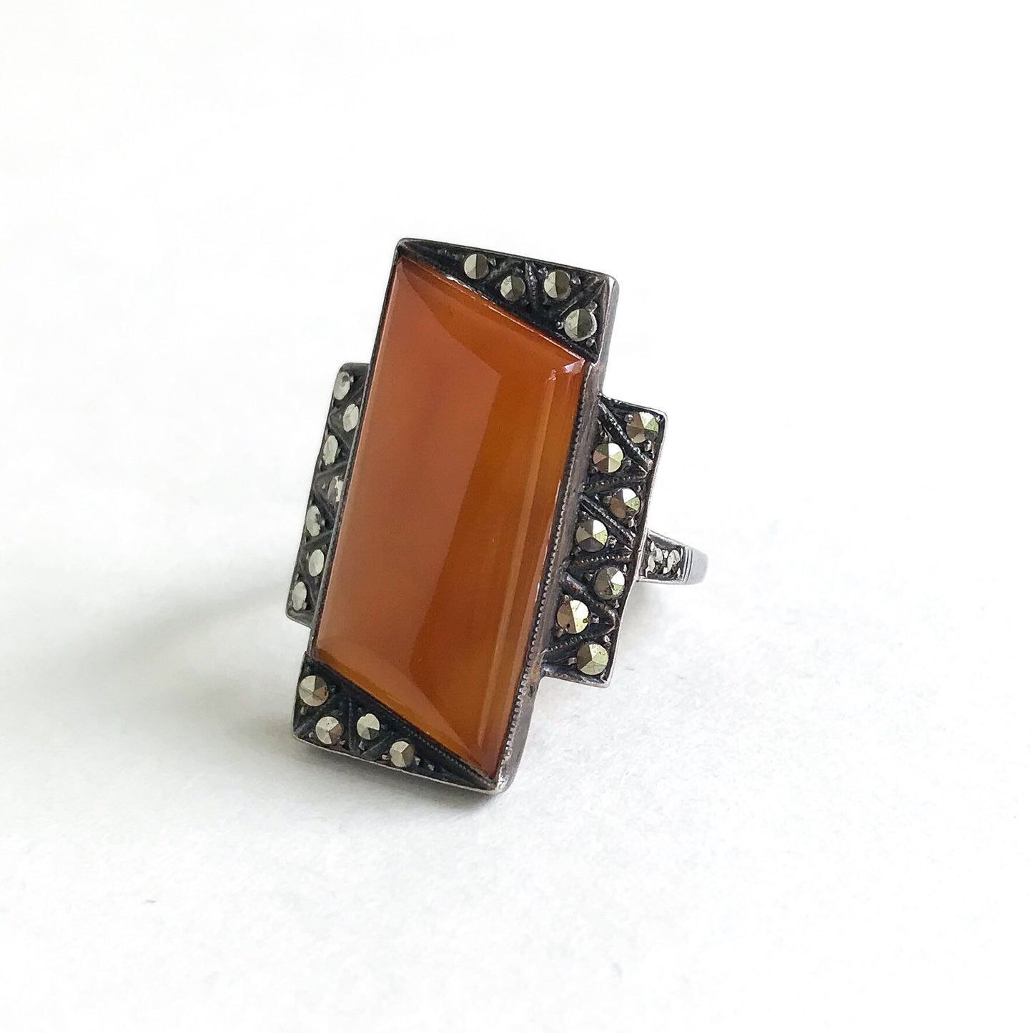 Art Deco Long Carnelian and Marcasite Ring Sterling c. 1930