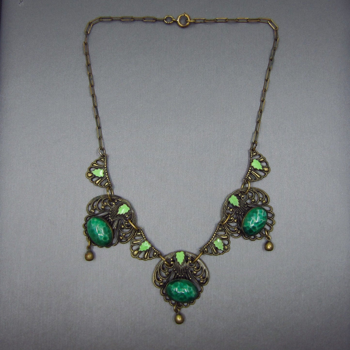 SOLD--Art Deco Czech Enamel and Art Glass Necklace Brass c. 1930