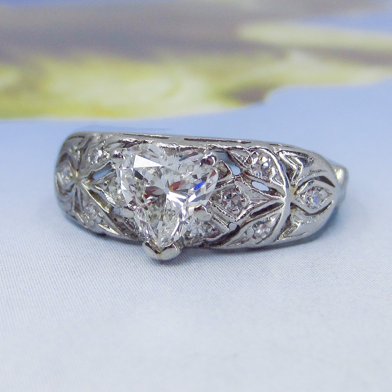 SOLD- Art Deco Heart Cut Diamond Engagement Ring Platinum c. 1940