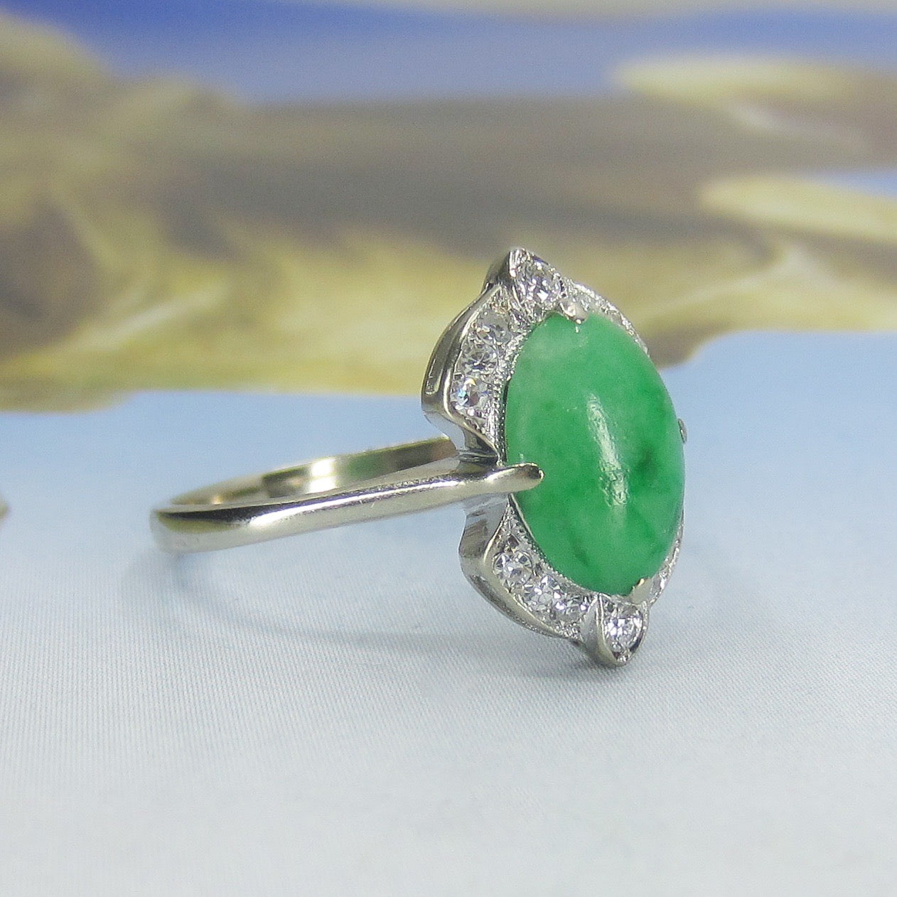 SOLD--Late Art Deco Jade and Diamond Ring 14k c. 1940