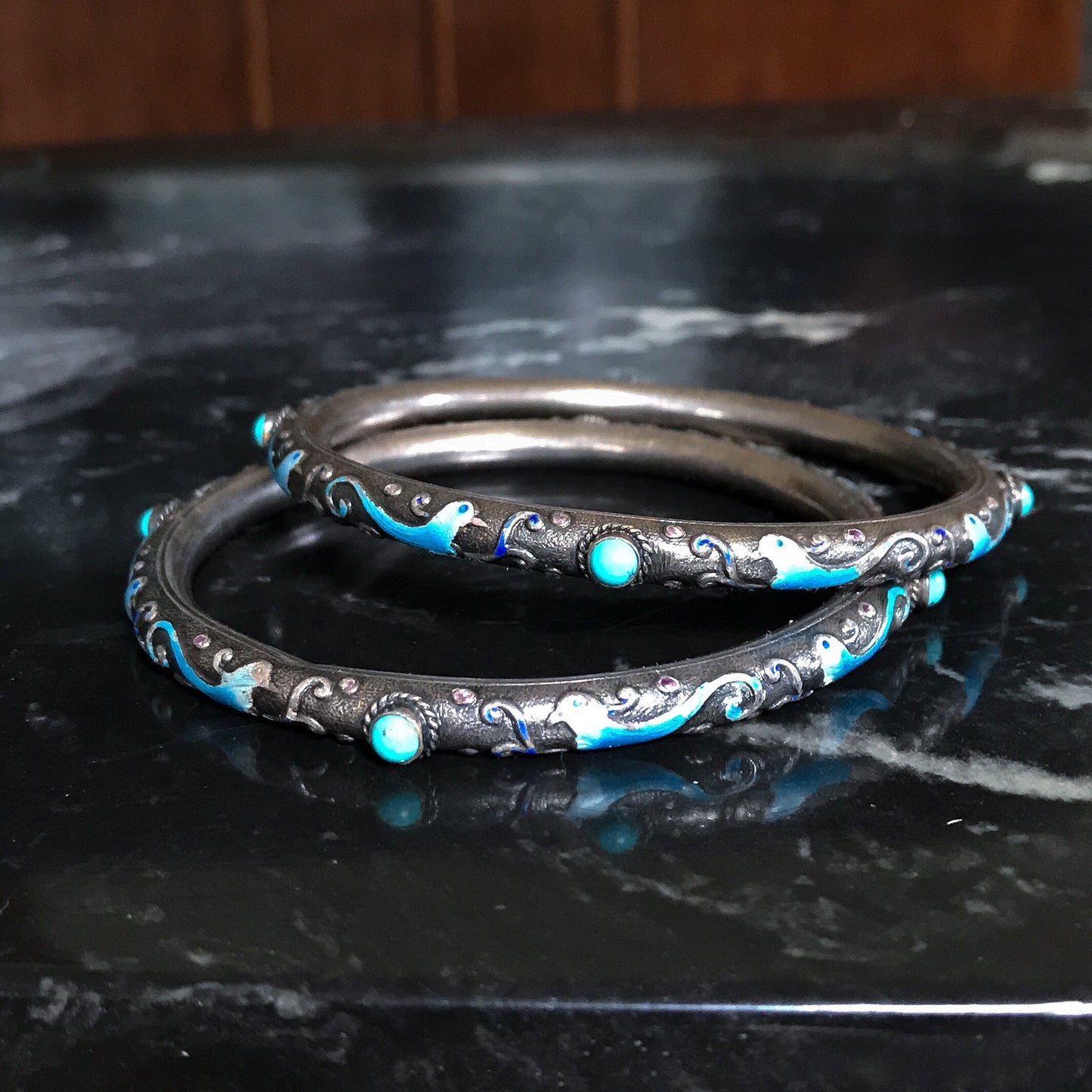 Art Deco Pair of Chinese Enamel and Turquoise Wedding Bracelets Silver c. 1920
