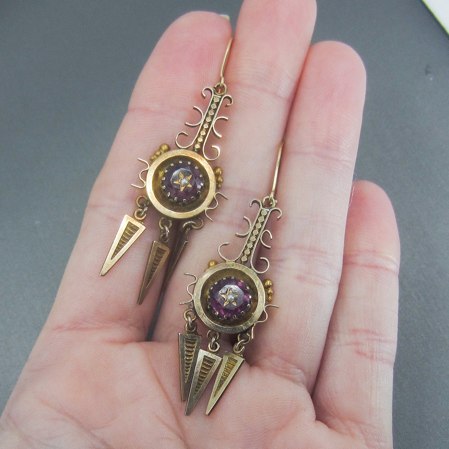 SOLD-Victorian Etruscan Revival Amethyst and Pearl Earrings 12k c. 1880