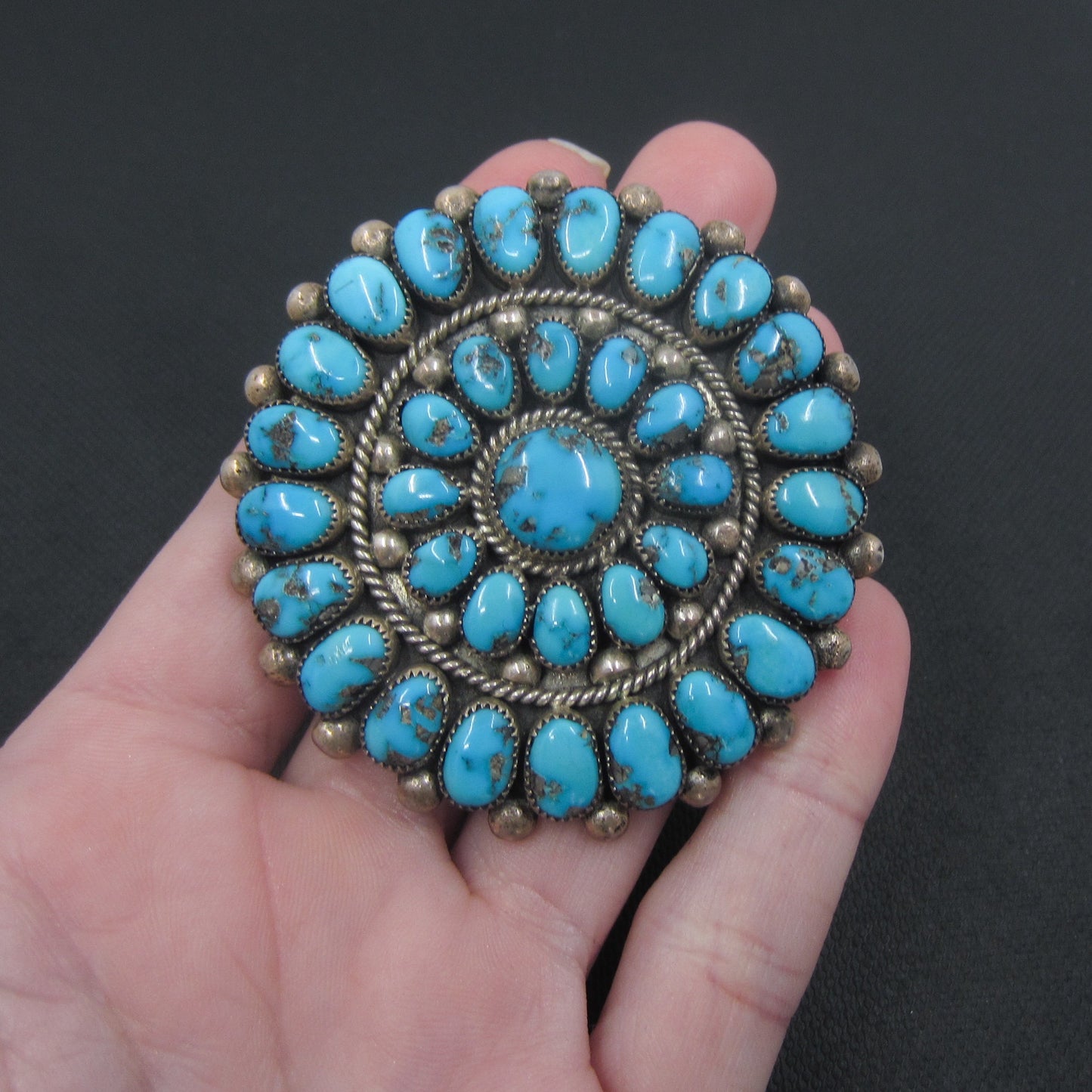 SOLD--Vintage Large Julie O Lahi Turquoise Cluster Brooch Sterling c. 1970