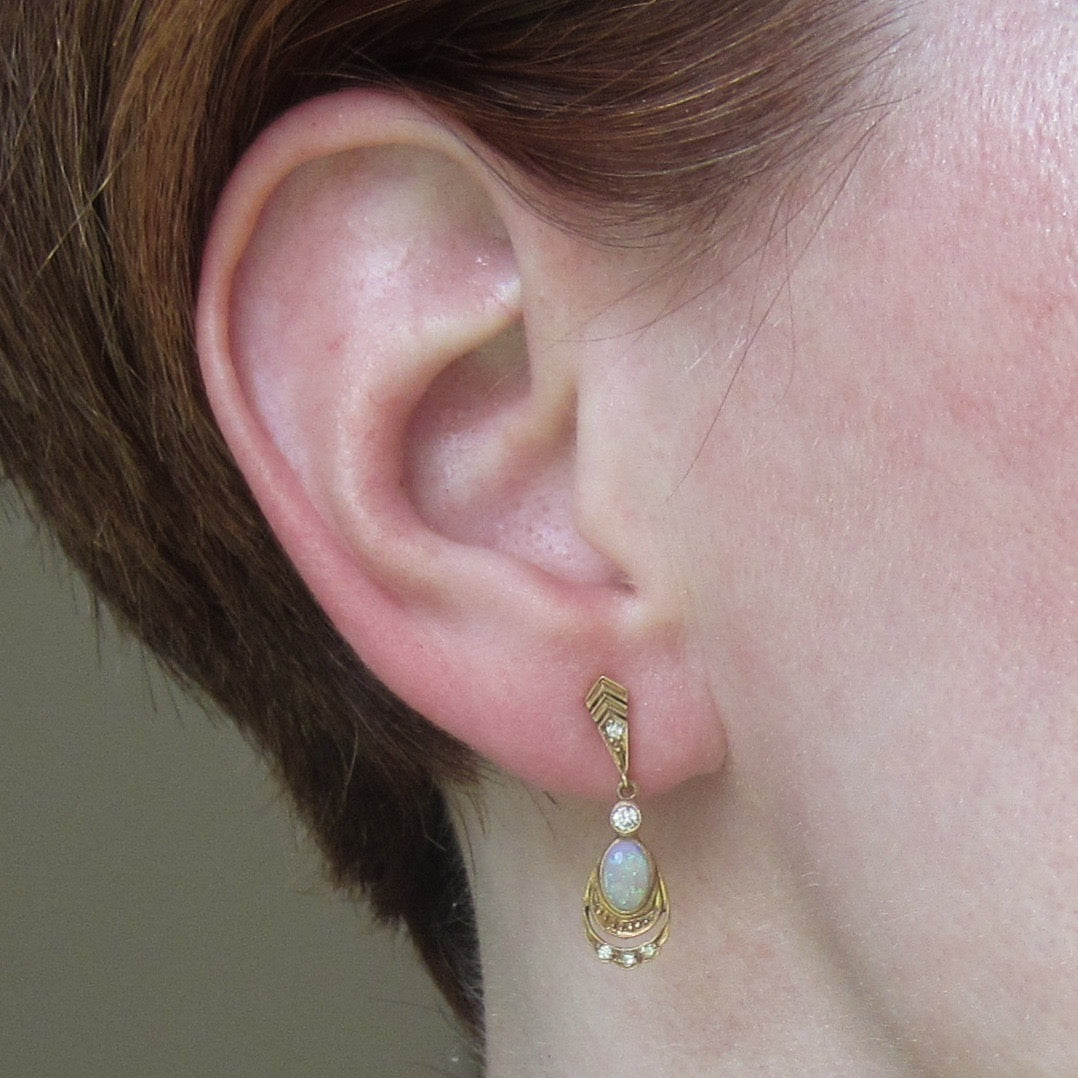 SOLD-Vintage Opal and Diamond Drop Earrings 14k