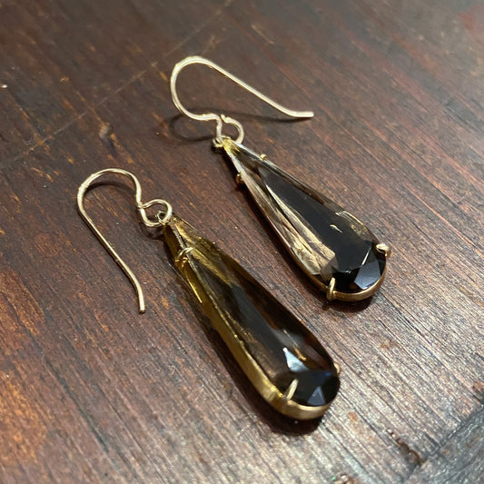 SOLD--Vintage Pear Cut Smoky Quartz Drop Earrings Gold-Fill c. 1970