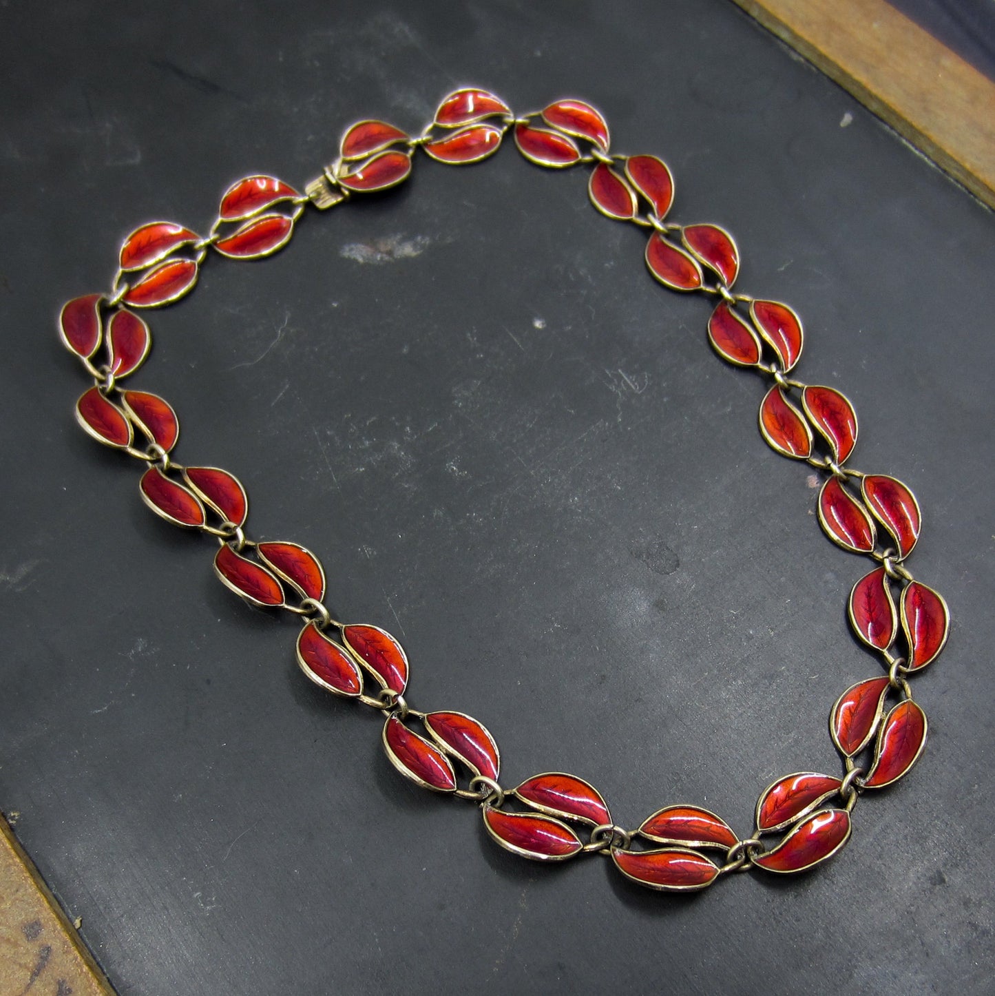 SOLD--Mid-Century David Andersen Red Enamel Necklace Gilt Sterling c. 1950, Norway