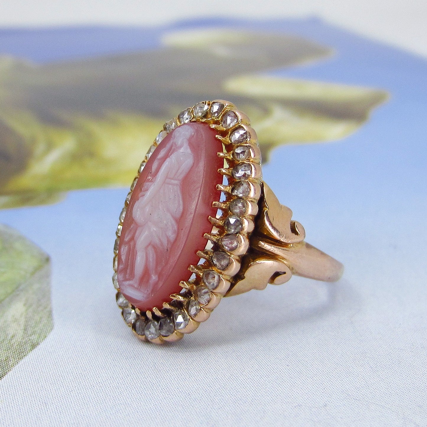 Victorian Hardstone Cameo and Rose Cut Diamond Ring 14k c. 1870