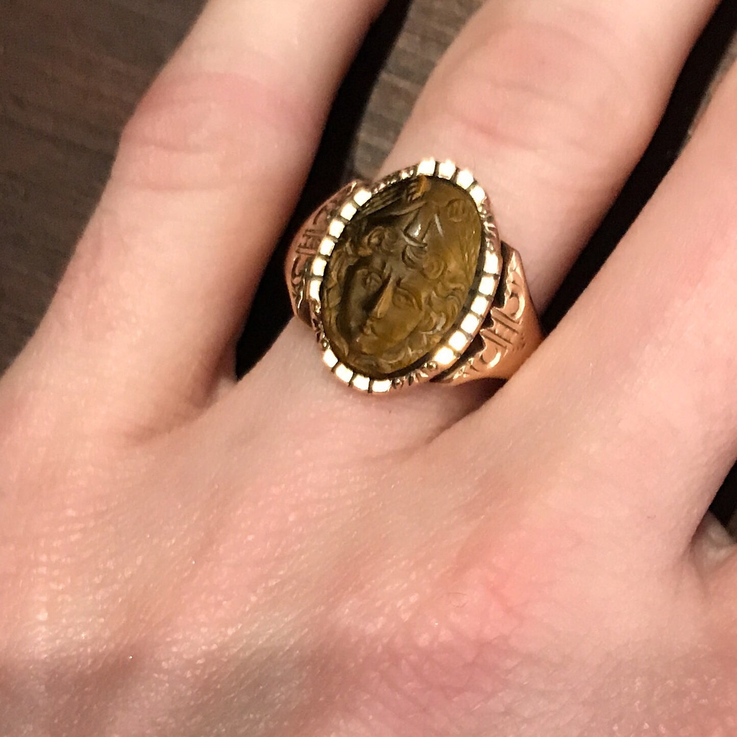 SOLD-Victorian Tiger's Eye Mercury Cameo Ring 10k c. 1880