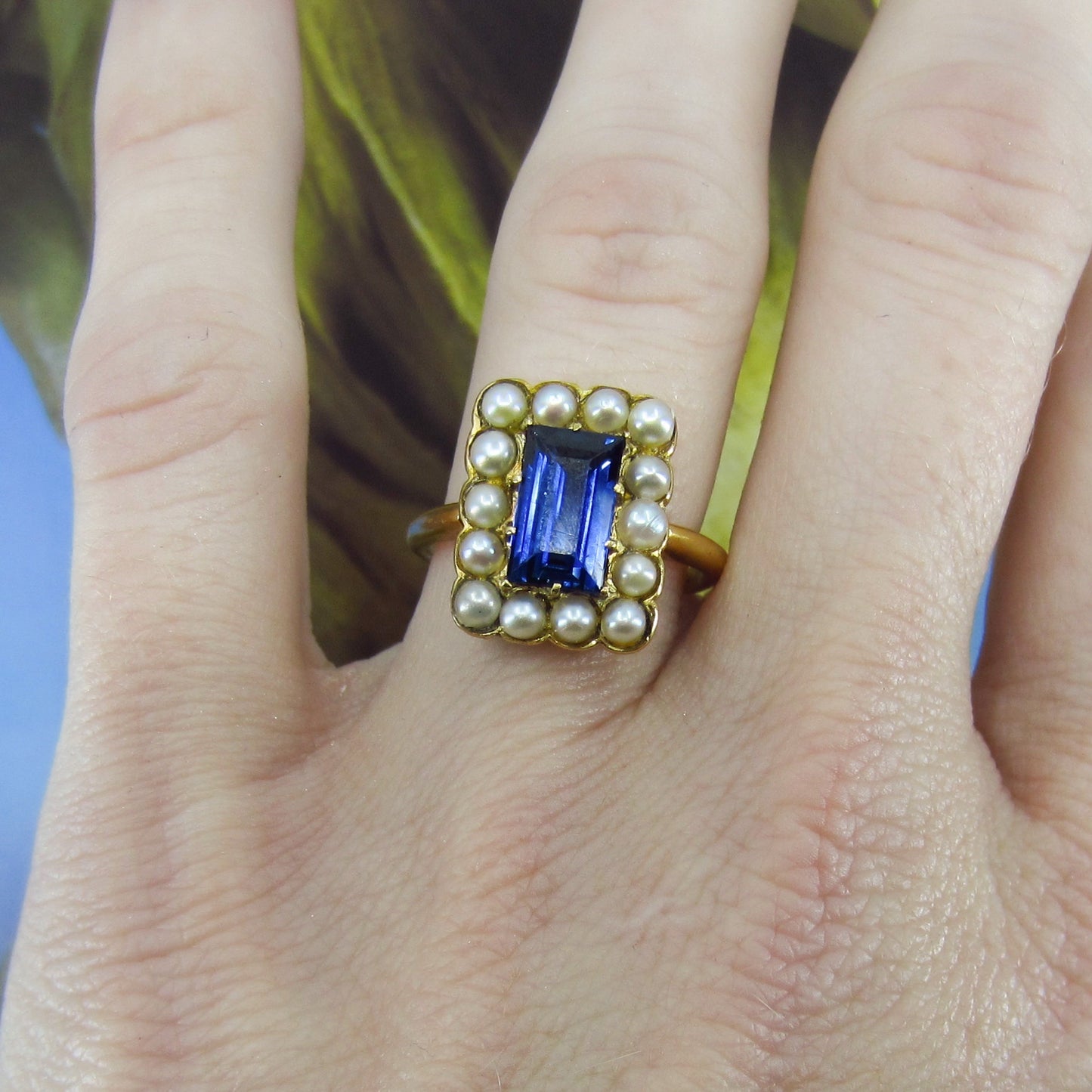 SOLD--Vintage Sapphire and Pearl Ring 18k c. 1960