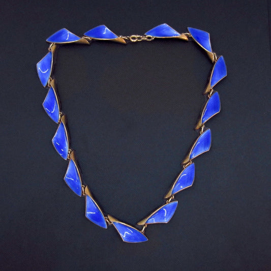 SOLD--Modernist Blue Enamel Collar Gilt Sterling, Norway c. 1960