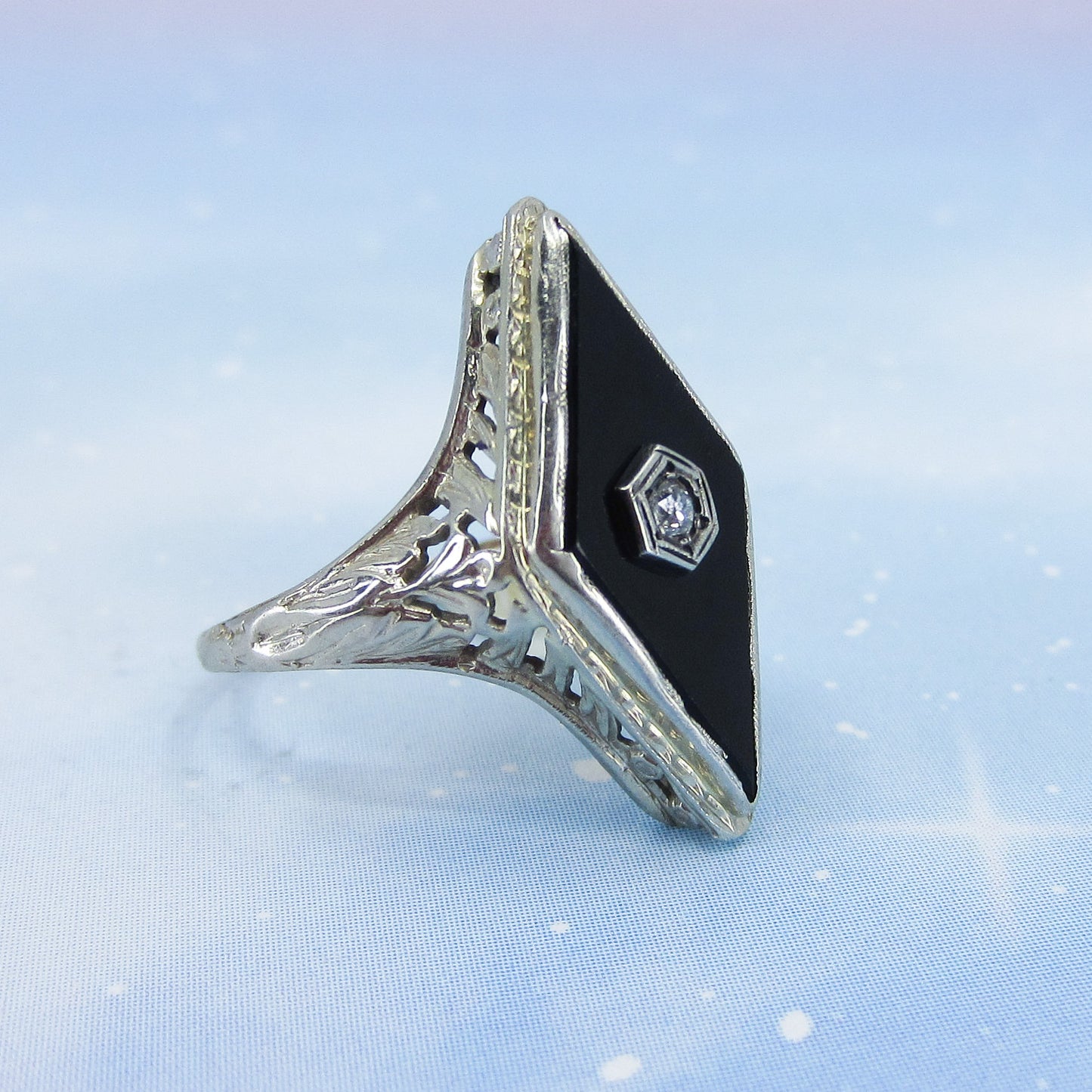 SOLD-Art Deco Diamond And Onyx Filigree Ring 14k c. 1930