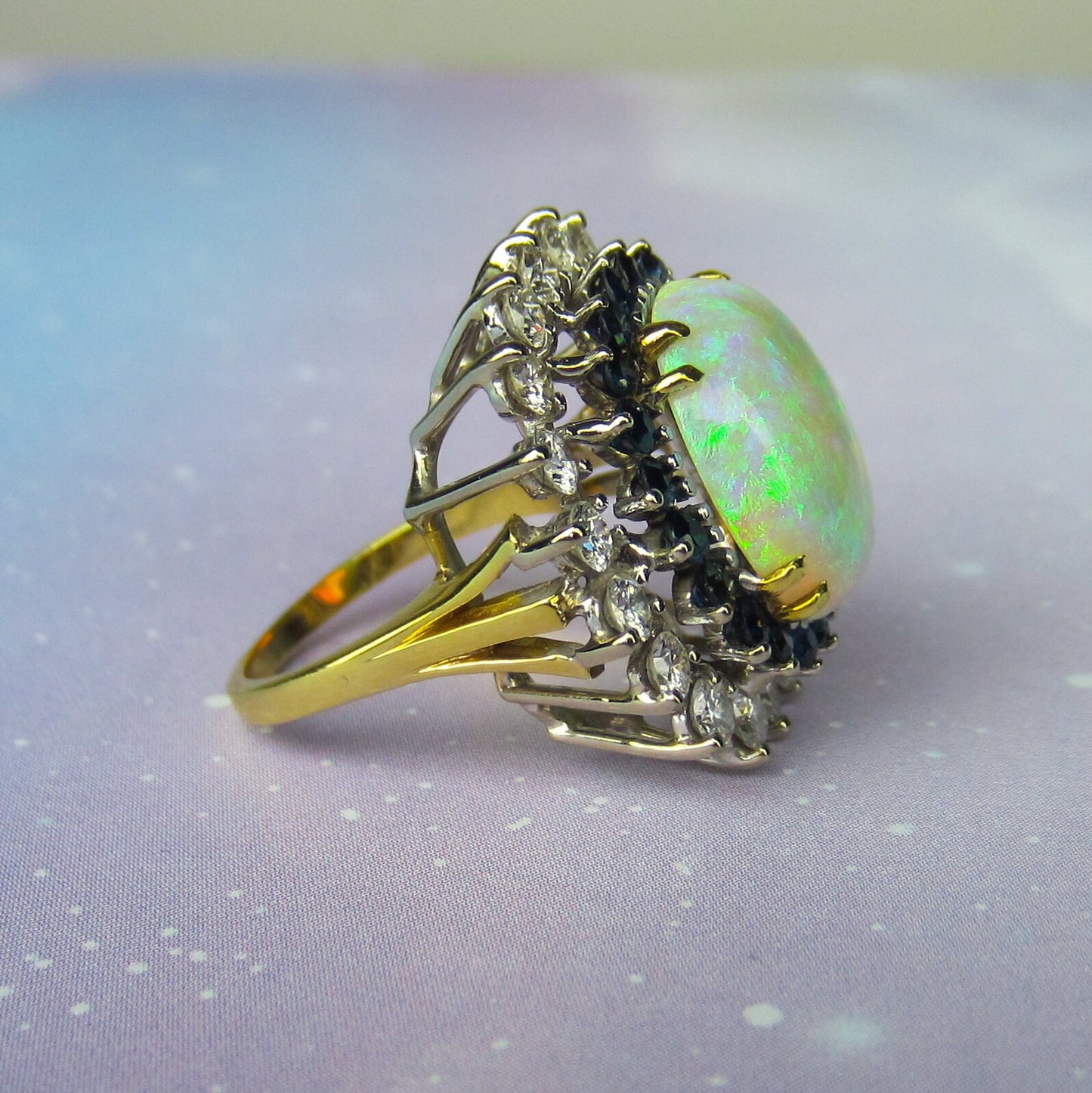 SOLD--Fabulous Mid-Century Opal, Diamond and Sapphire Ring 18k c. 1960