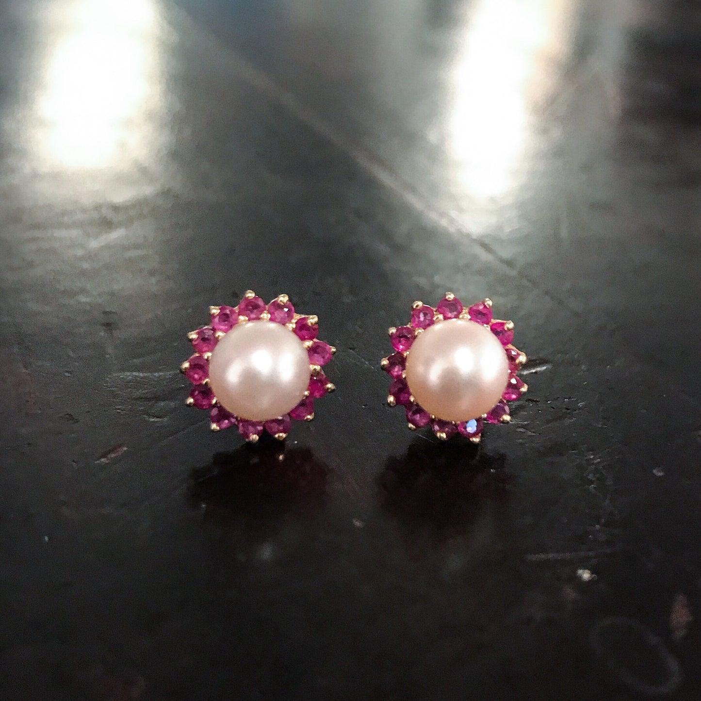 SOLD--Estate Pearl and Ruby Earrings 14k