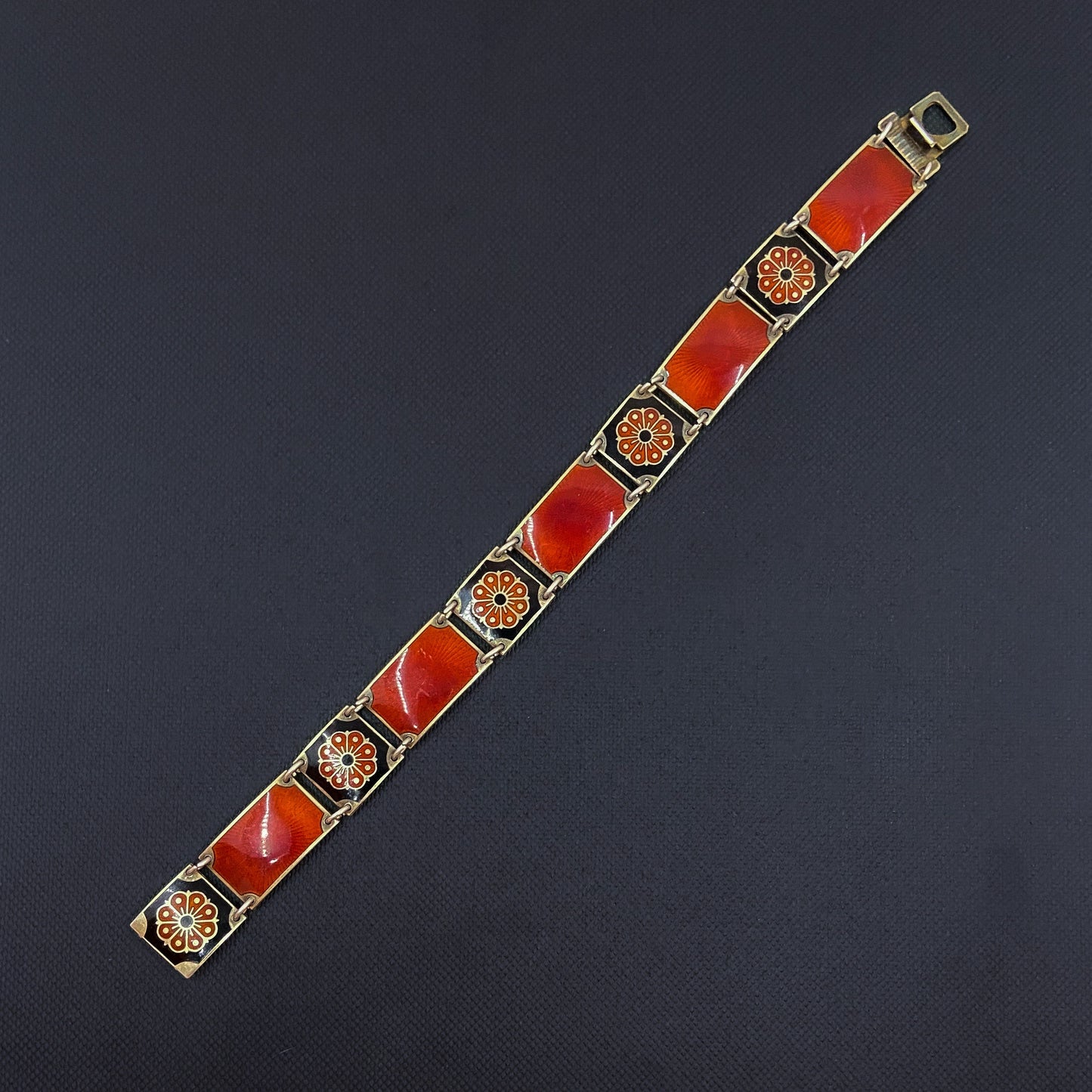 SOLD-MidCentury Red and Black Guilloche Enamel Bracelet Gilt Sterling, David Andersen Norway c. 1950