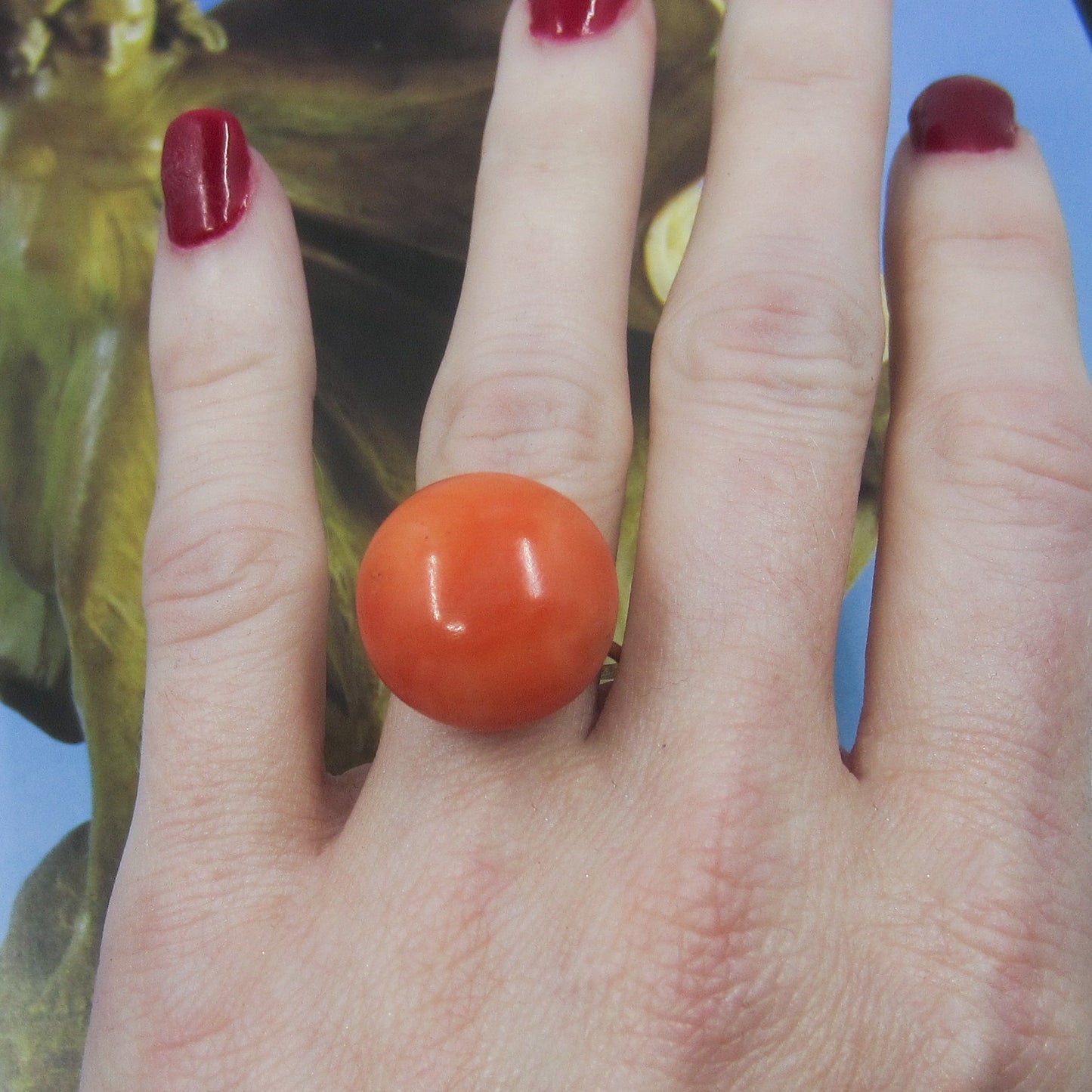 SOLD- Victorian Large Coral Cabochon Ring 14k c. 1890