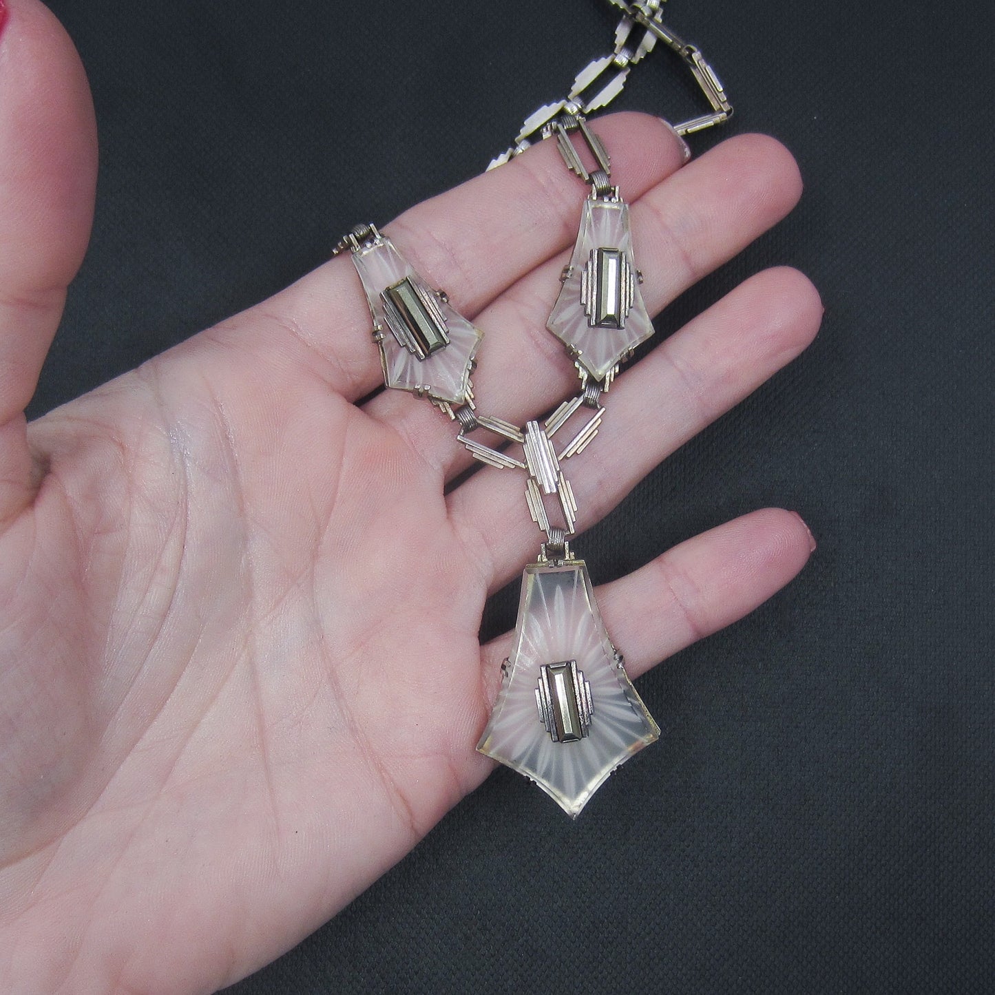 SOLD--Art Deco Pyrite and Carved Rock Crystal Necklace Sterling c. 1930