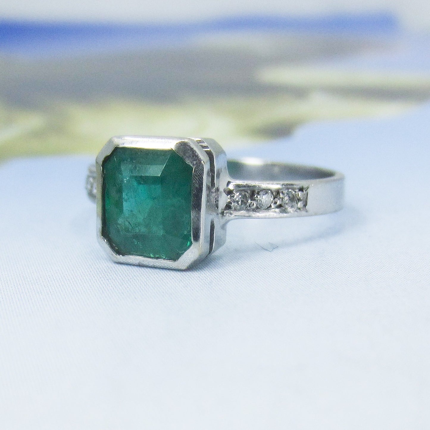 SOLD-Vintage Bezel Set Emerald and Diamond Ring 18k c. 1990