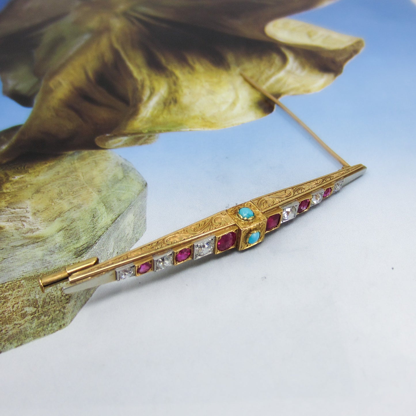 Gorgeous Art Deco Egyptian Revival Ruby, Diamond and Turquoise Brooch 18k c. 1920