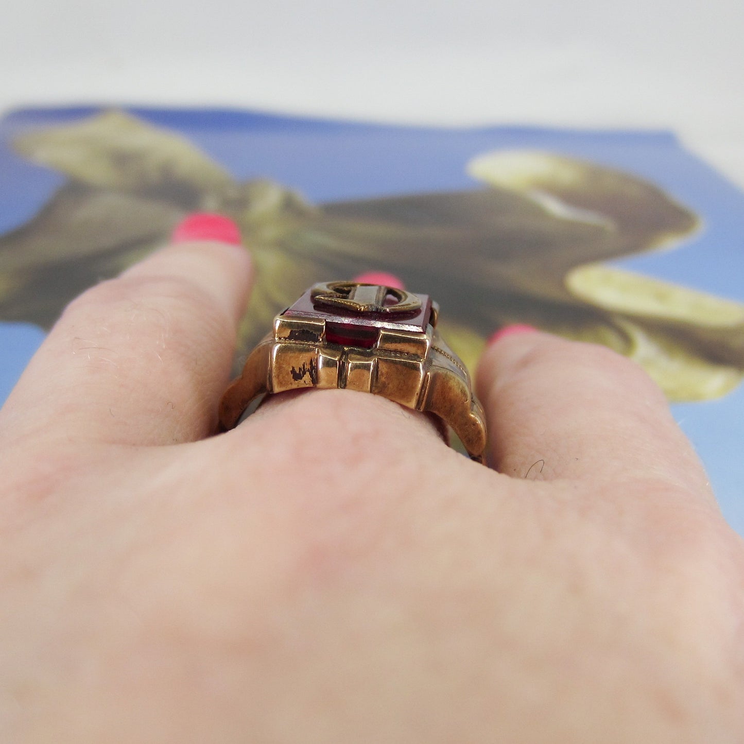 SOLD--Art Déco Synthetic Ruby “D” Initial Signet Ring 10k c. 1920